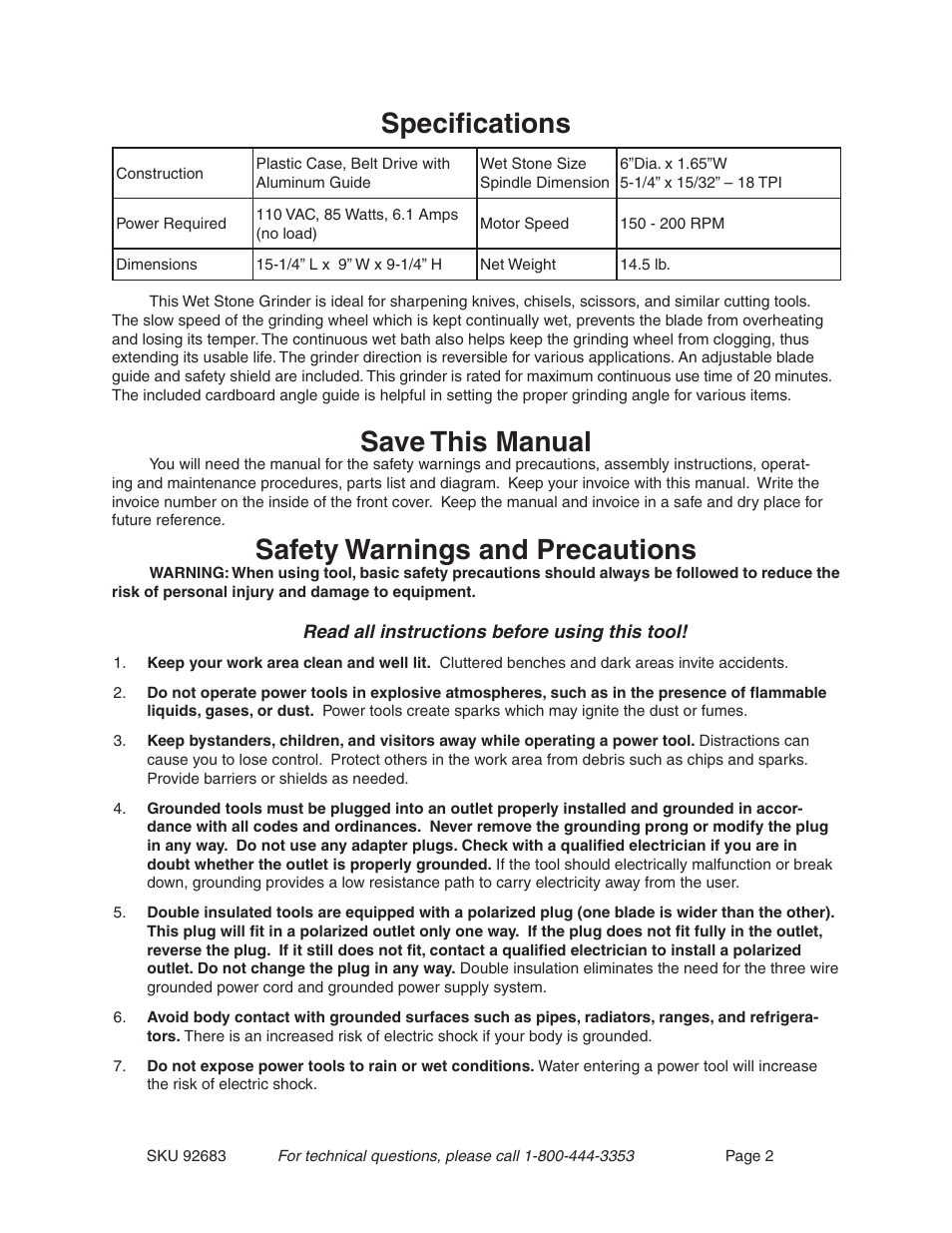 Specifications, Save this manual, Safety warnings and precautions | Harbor Freight Tools 92683 User Manual | Page 2 / 11