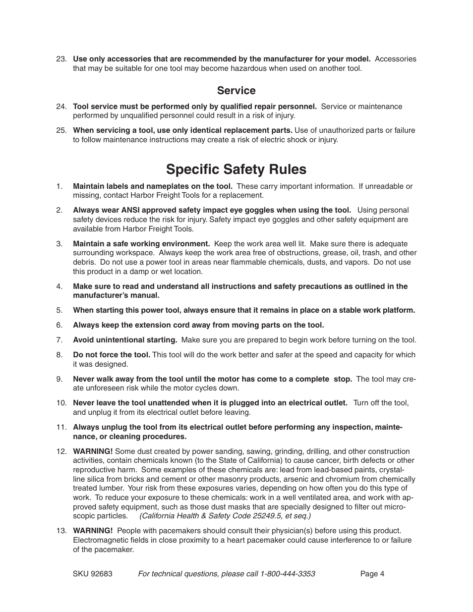 Specific safety rules, Service | Harbor Freight Tools 92683 User Manual | Page 4 / 11