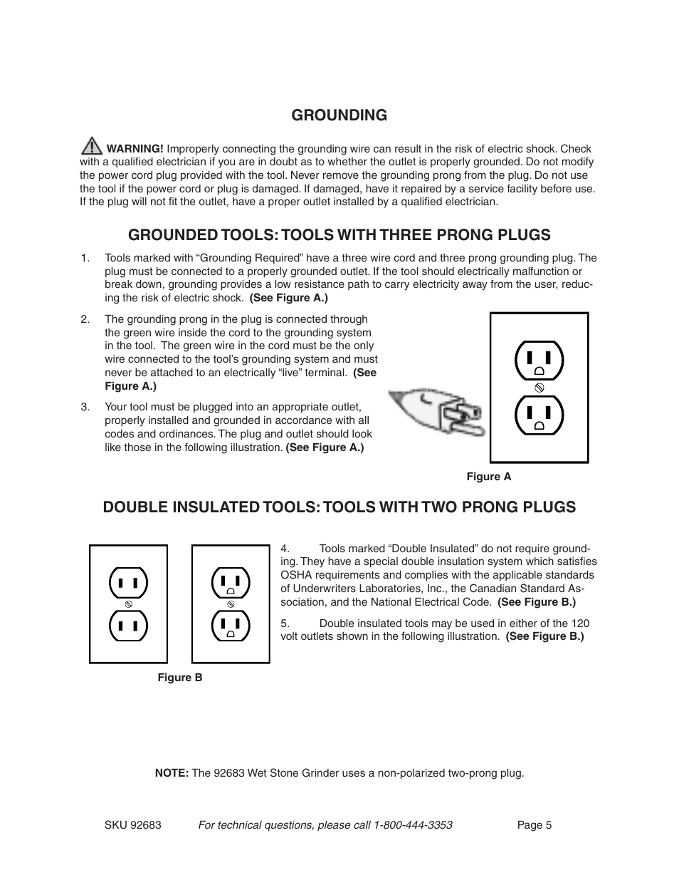 Grounding, Grounded tools: tools with three prong plugs, Double insulated tools: tools with two prong plugs | Harbor Freight Tools 92683 User Manual | Page 5 / 11