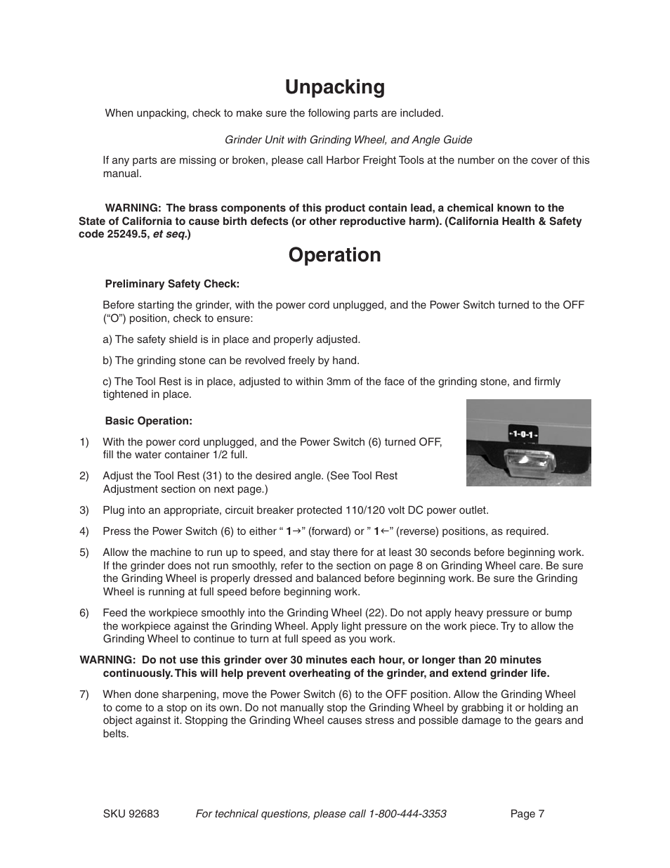 Unpacking, Operation | Harbor Freight Tools 92683 User Manual | Page 7 / 11