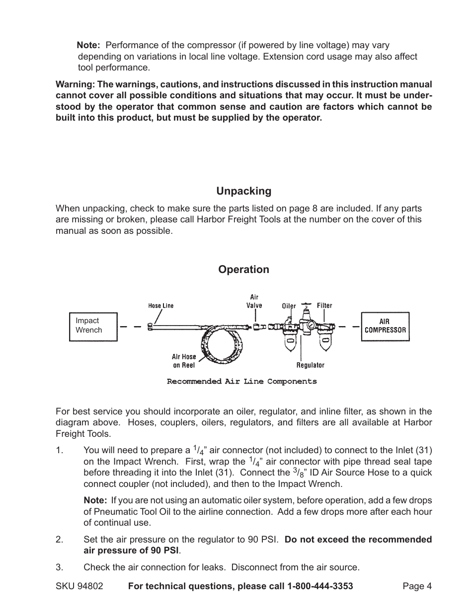 Unpacking, Operation | Harbor Freight Tools 94802 User Manual | Page 4 / 8