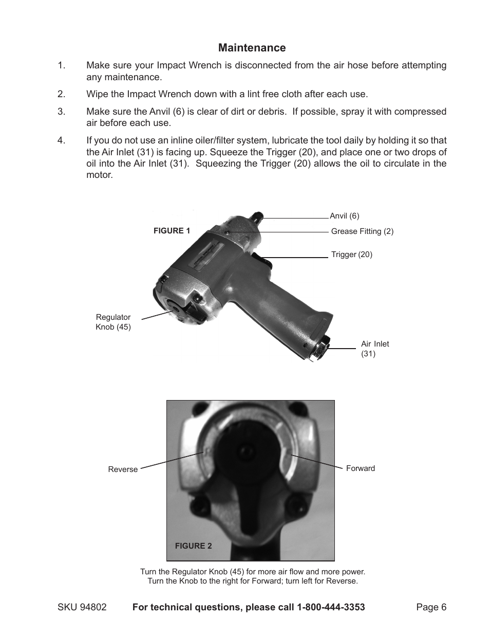Maintenance | Harbor Freight Tools 94802 User Manual | Page 6 / 8