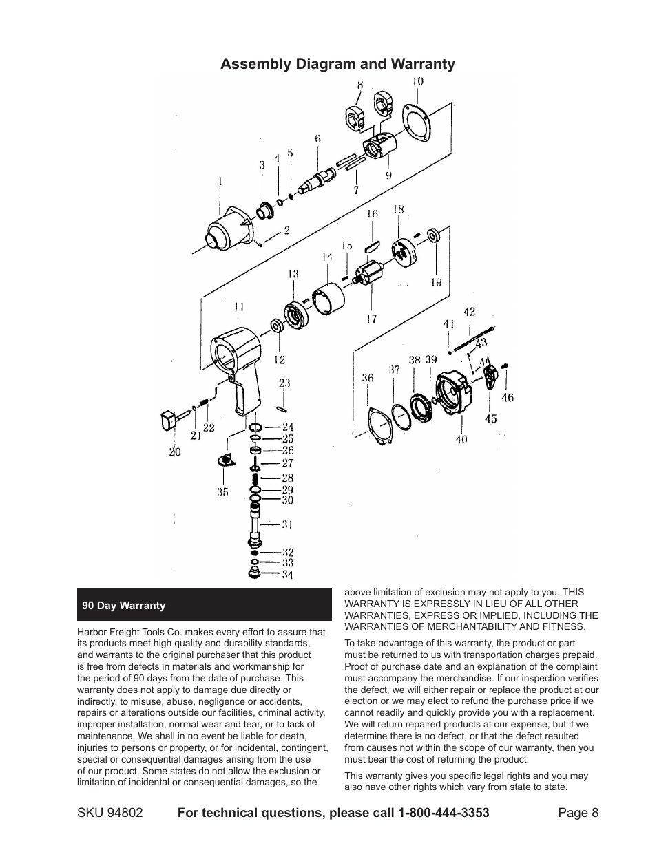 Assembly diagram and warranty | Harbor Freight Tools 94802 User Manual | Page 8 / 8