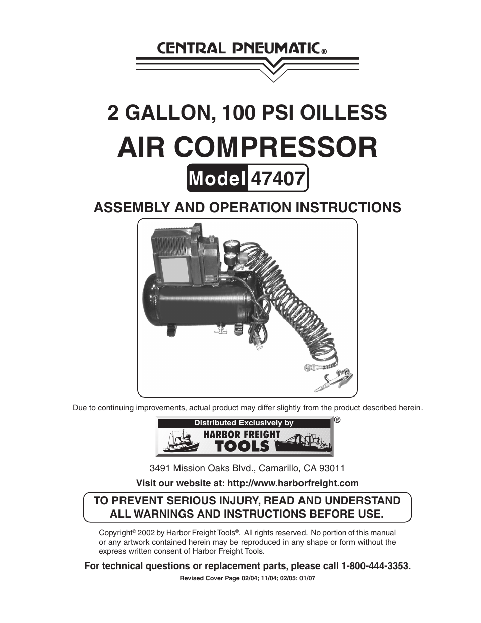 Harbor Freight Tools CENTRAL PNEUMATIC 47407 User Manual | 8 pages