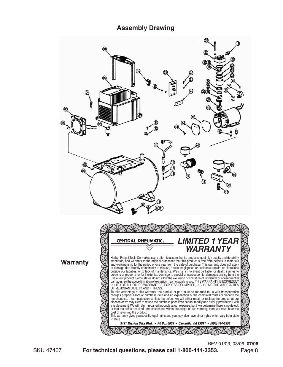 Limited 1 year warranty, Warranty assembly drawing | Harbor Freight Tools CENTRAL PNEUMATIC 47407 User Manual | Page 8 / 8