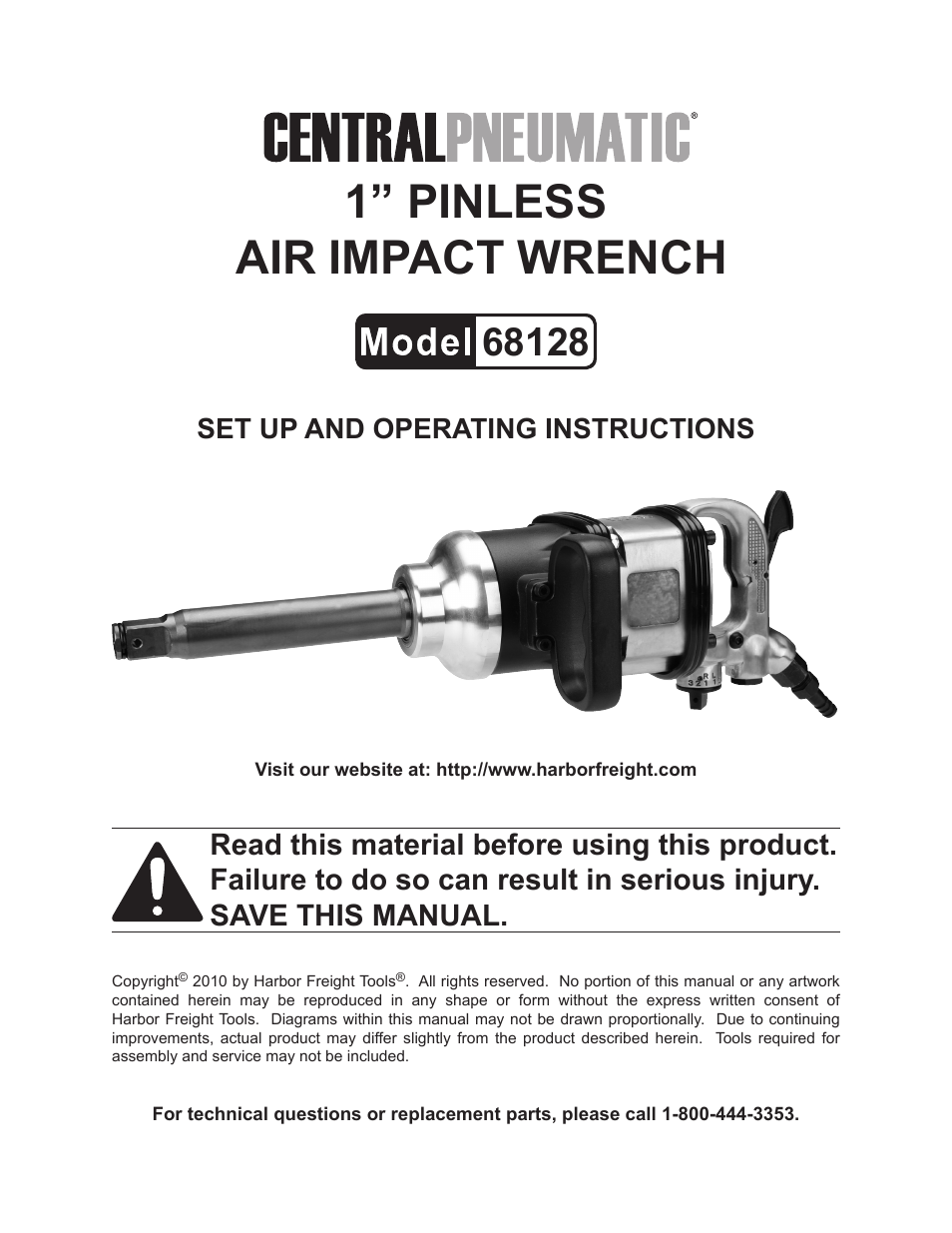 Harbor Freight Tools CENTRAL PNEUMATIC 68128 User Manual | 13 pages