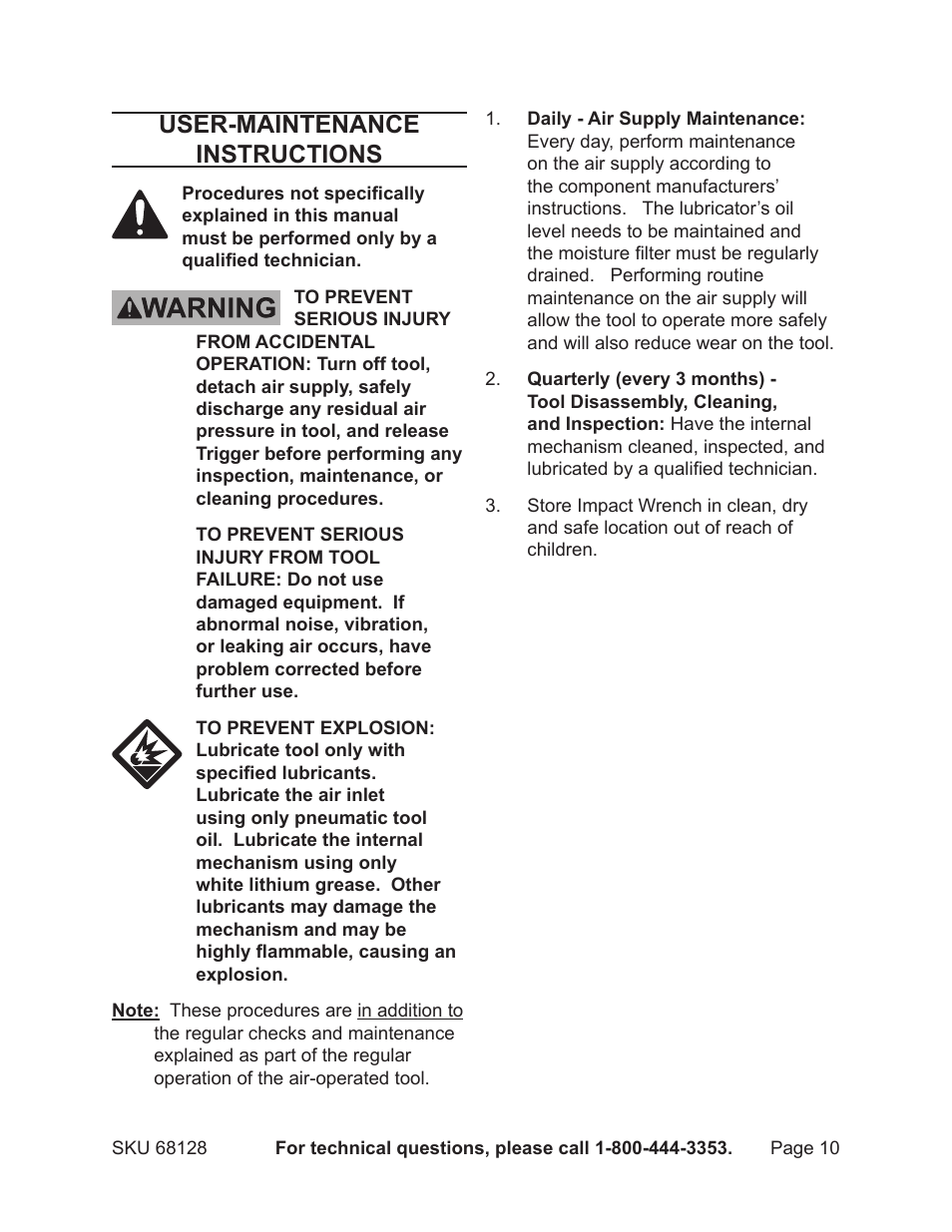 User-maintenance instructions | Harbor Freight Tools CENTRAL PNEUMATIC 68128 User Manual | Page 10 / 13