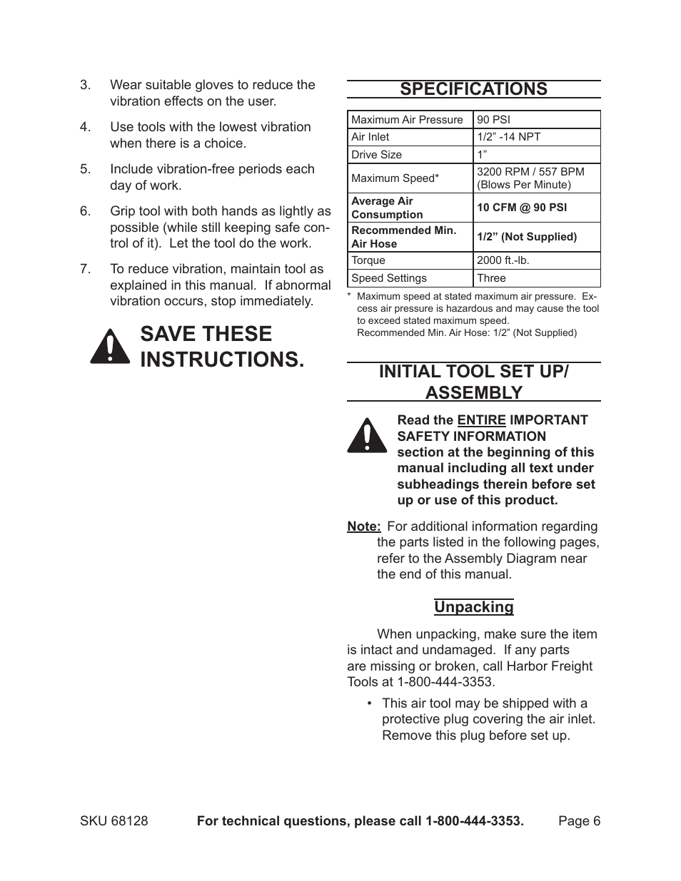 Save these instructions, Specifications, Initial tool set up/ assembly | Harbor Freight Tools CENTRAL PNEUMATIC 68128 User Manual | Page 6 / 13