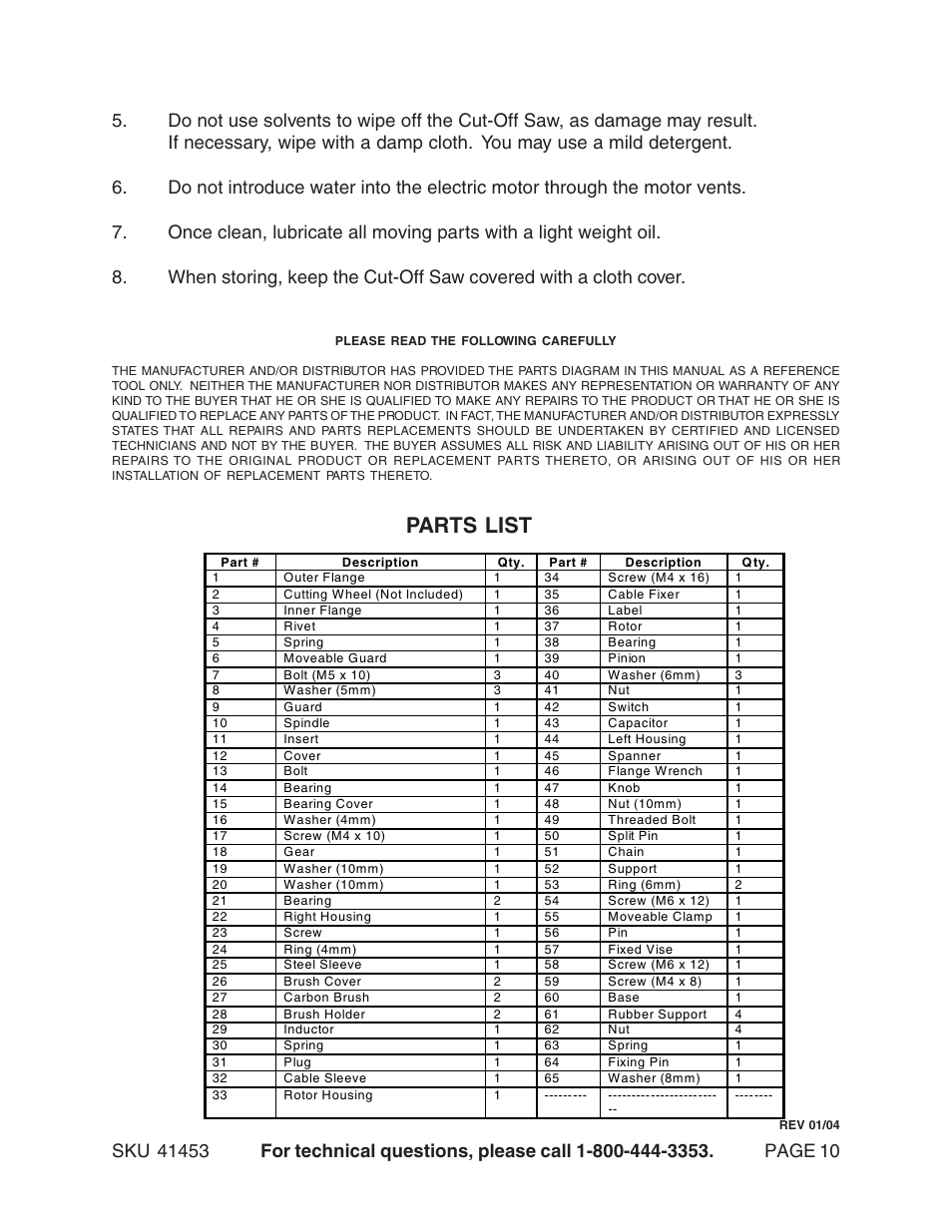 Parts list | Harbor Freight Tools 41453 User Manual | Page 10 / 11