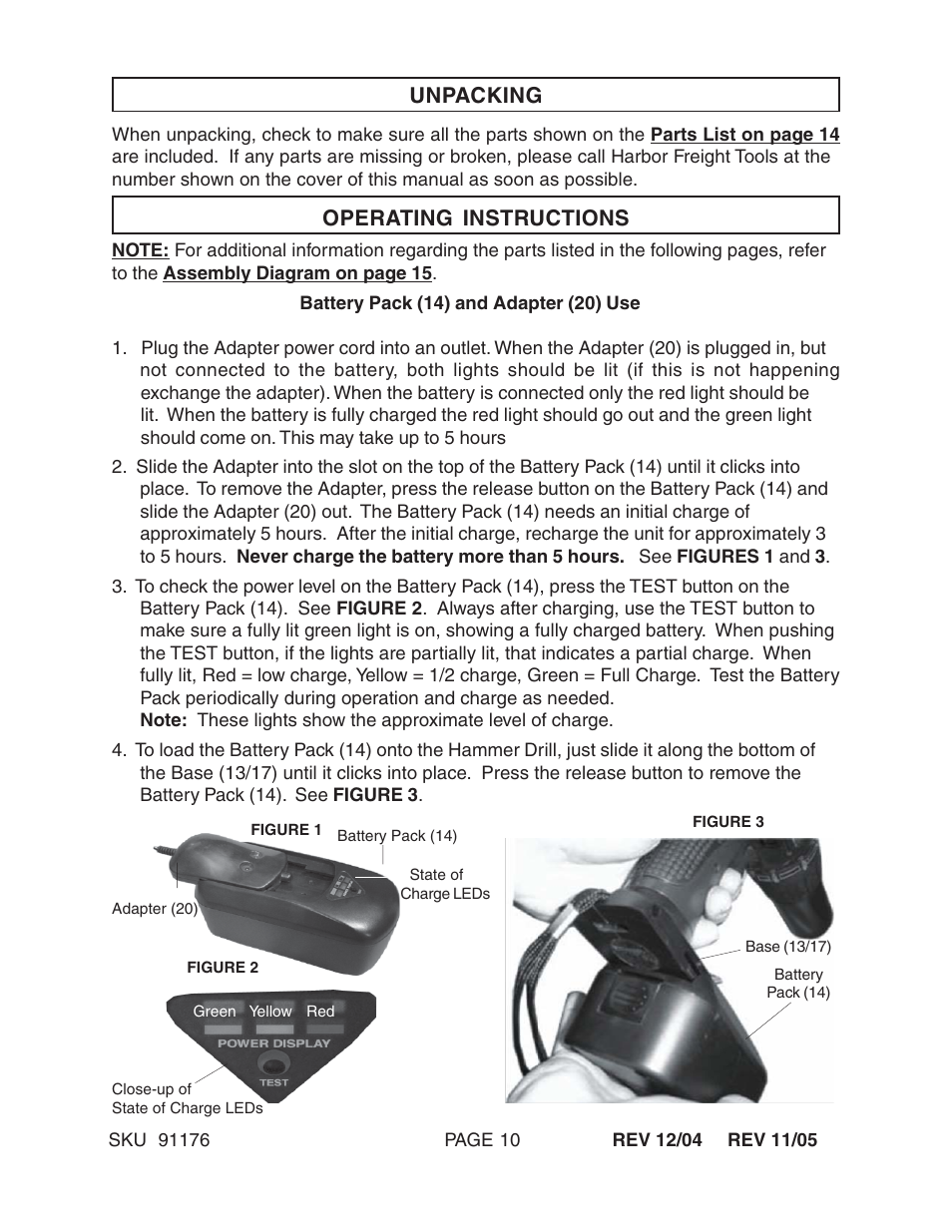 Unpacking operating instructions | Harbor Freight Tools 91176 User Manual | Page 10 / 15