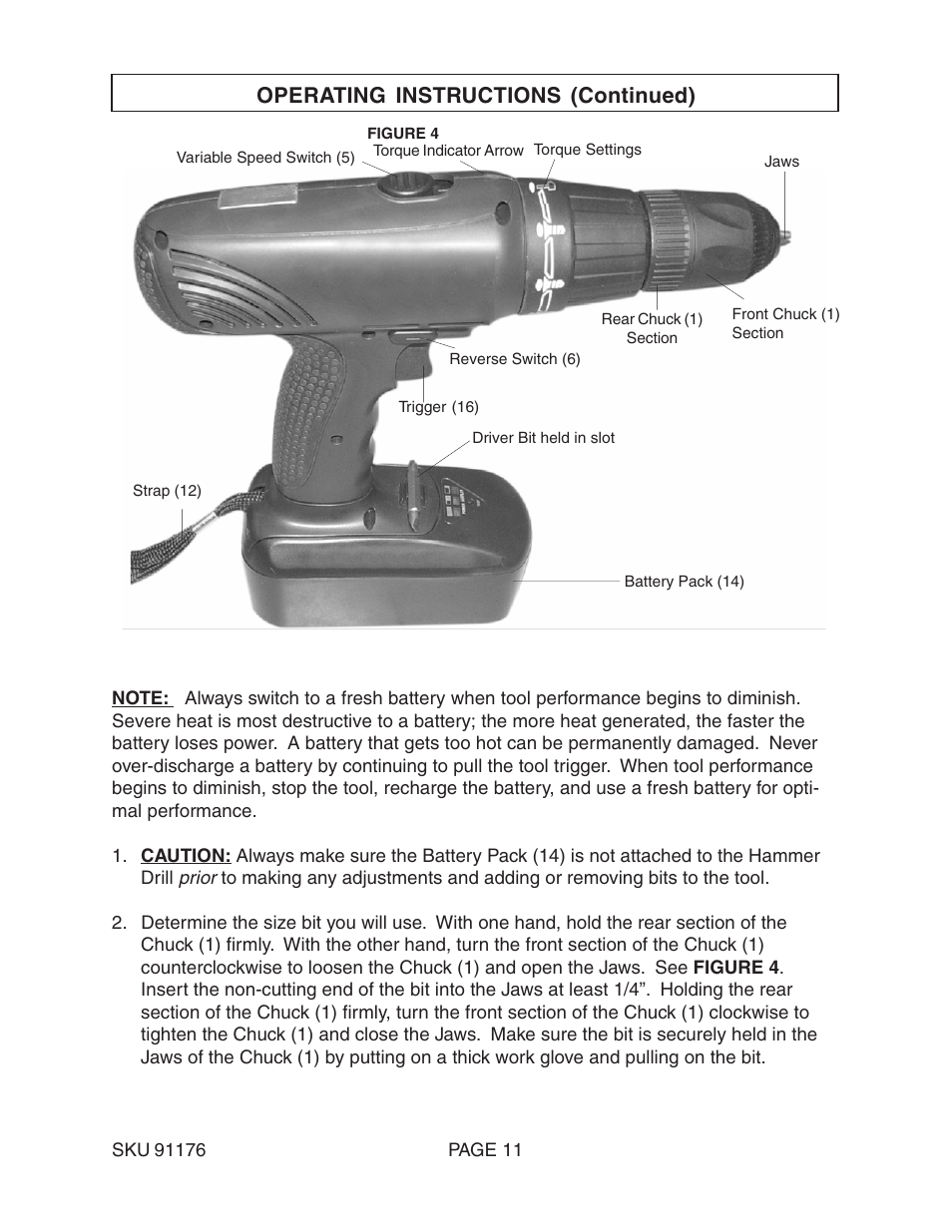 Operating instructions (continued) | Harbor Freight Tools 91176 User Manual | Page 11 / 15