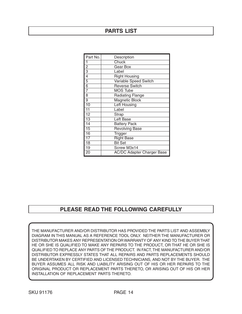 Parts list, Please read the following carefully | Harbor Freight Tools 91176 User Manual | Page 14 / 15