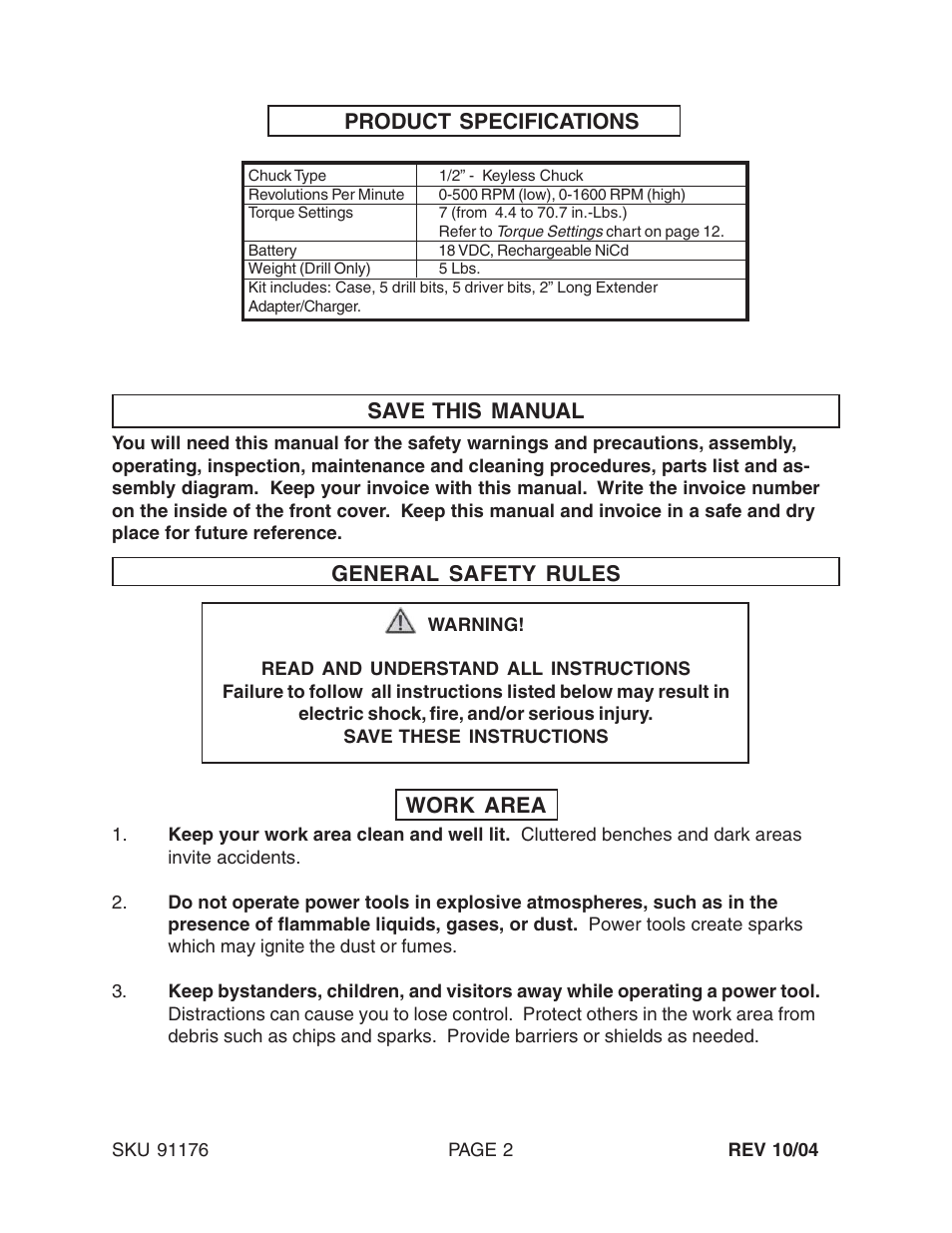 Product specifications save this manual, General safety rules, Work area | Harbor Freight Tools 91176 User Manual | Page 2 / 15