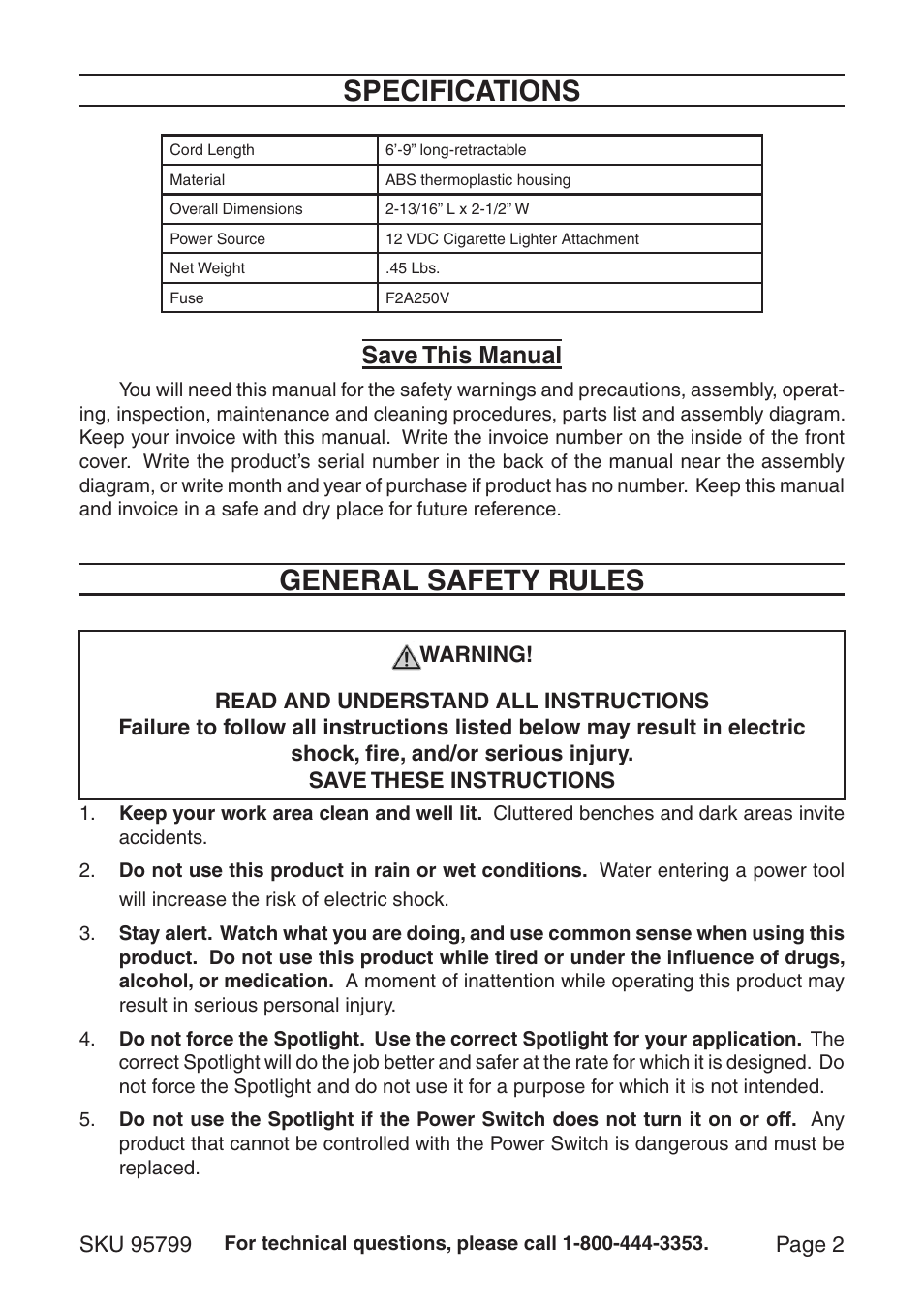 Specifications, General safety rules, Save this manual | Harbor Freight Tools CHICAGO ELECTRIC 95799 User Manual | Page 2 / 7