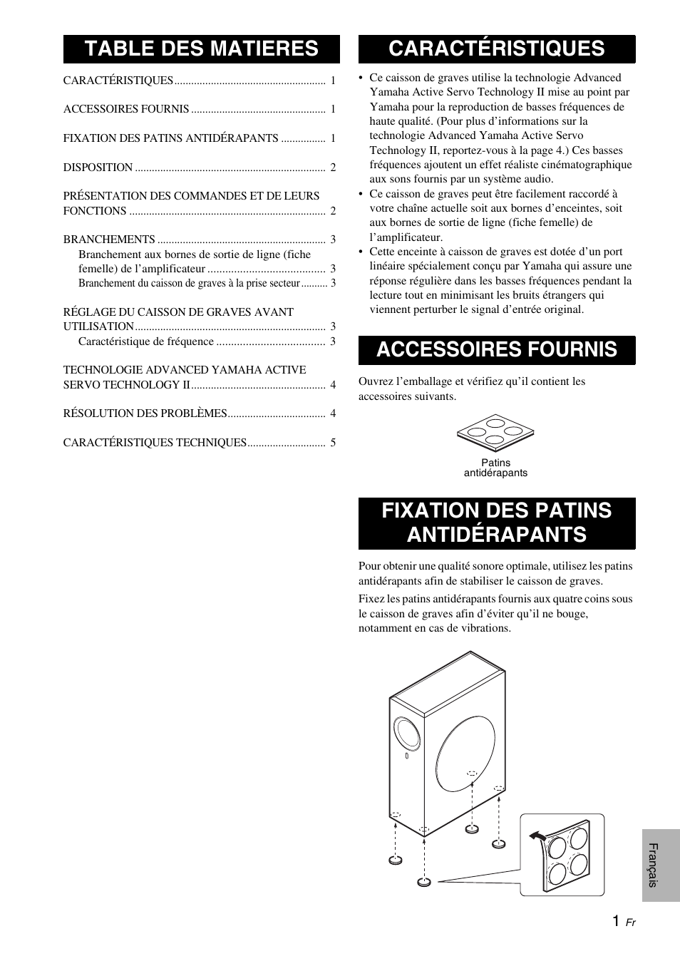 Table des matieres, Caractéristiques, Accessoires fournis | Fixation des patins antidérapants | Yamaha NS-SW210 User Manual | Page 13 / 68