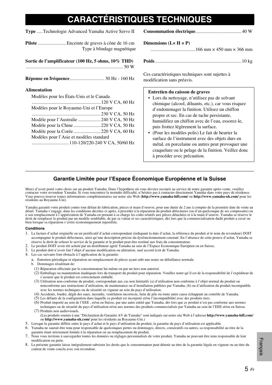 Caractéristiques techniques | Yamaha NS-SW210 User Manual | Page 17 / 68