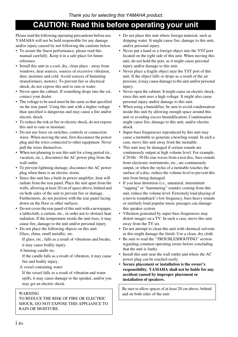 English, Caution: read this before operating your unit | Yamaha NS-SW210 User Manual | Page 2 / 68