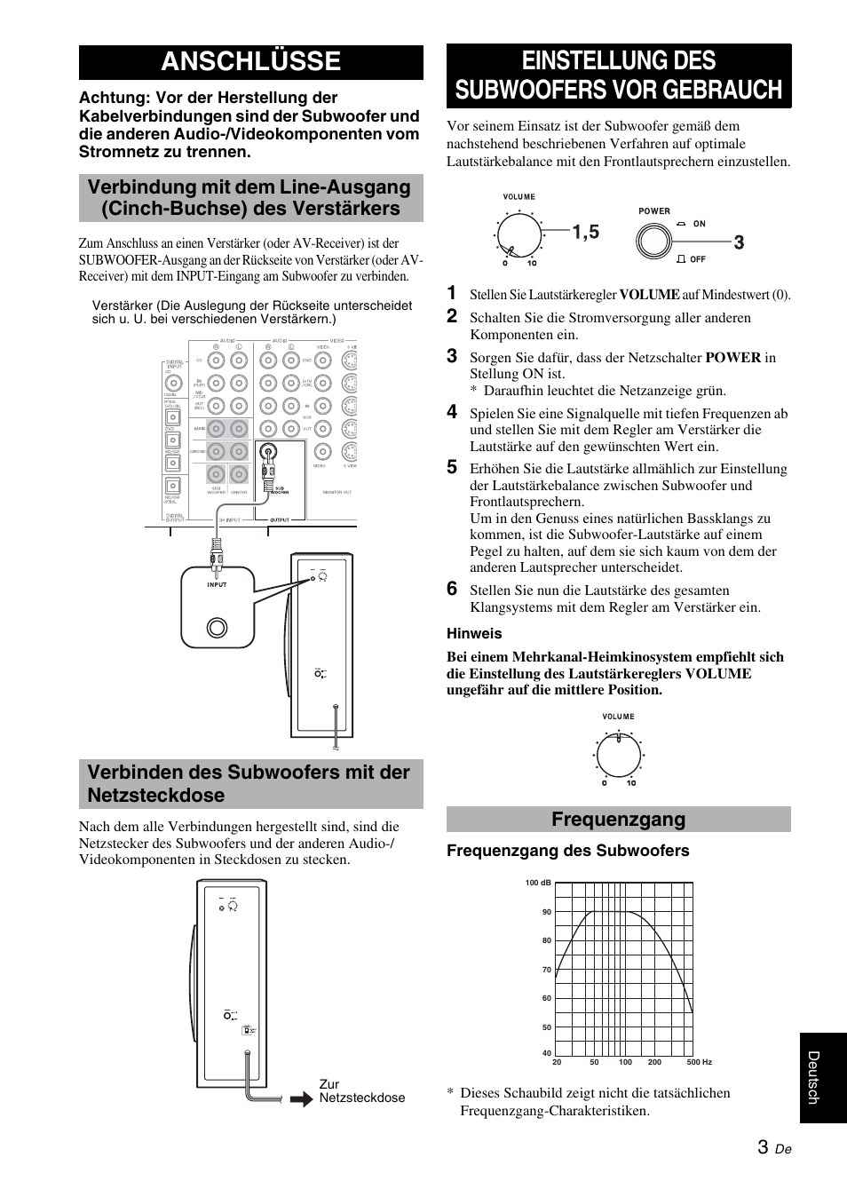 Anschlüsse, Verbinden des subwoofers mit der netzsteckdose, Einstellung des subwoofers vor gebrauch | Frequenzgang | Yamaha NS-SW210 User Manual | Page 23 / 68