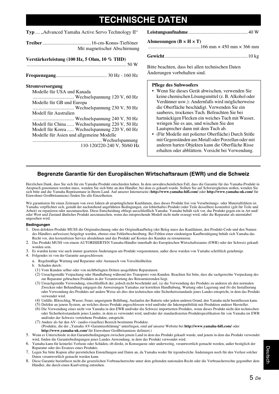 Technische daten | Yamaha NS-SW210 User Manual | Page 25 / 68