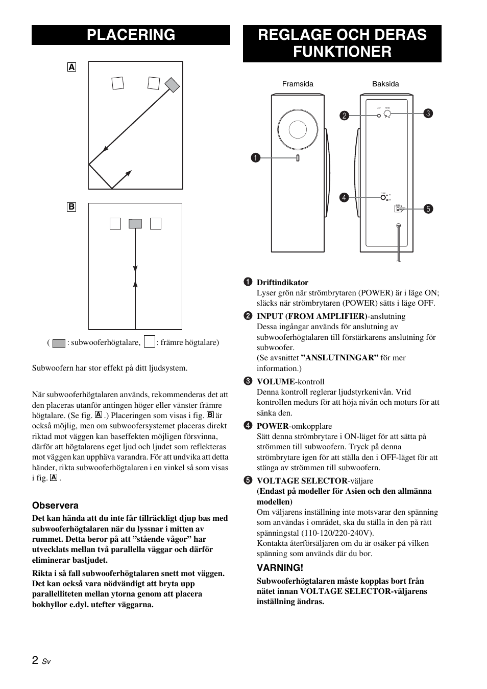 Placering, Reglage och deras funktioner | Yamaha NS-SW210 User Manual | Page 30 / 68