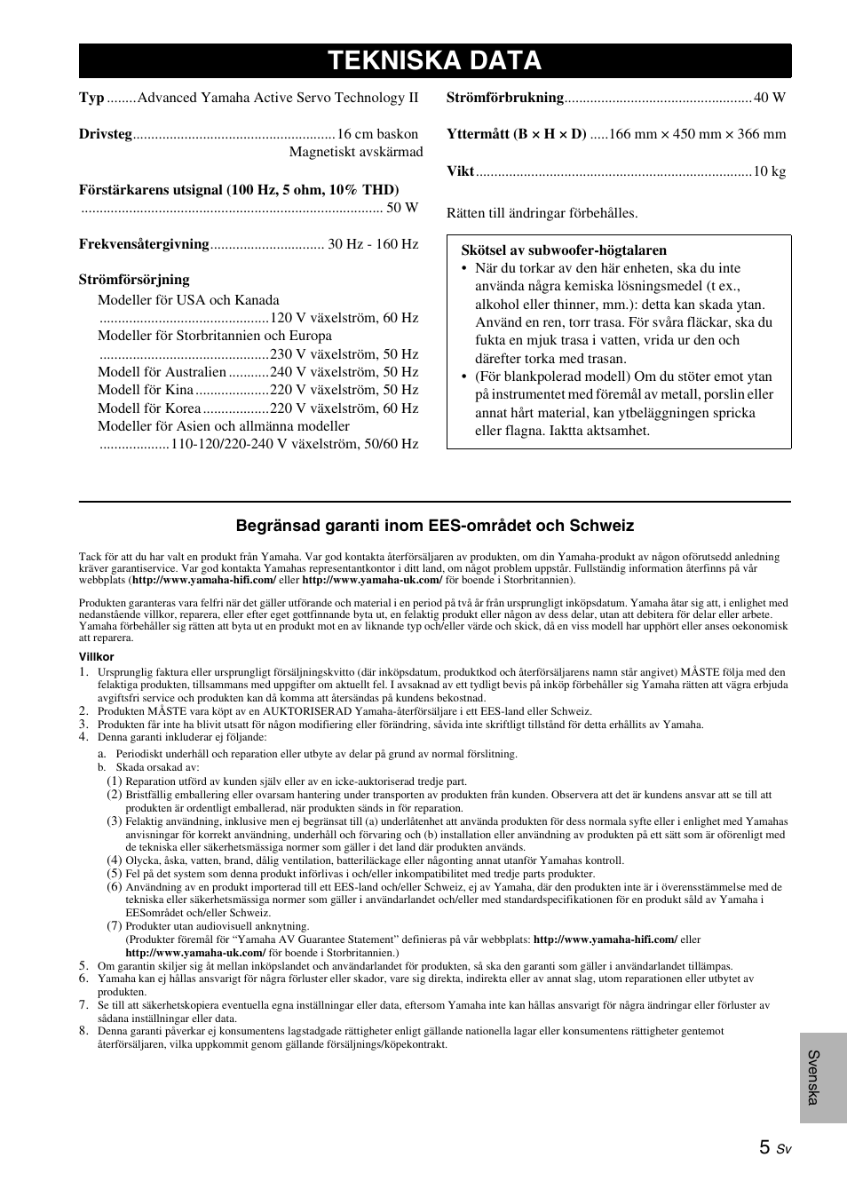 Tekniska data, Begränsad garanti inom ees-området och schweiz | Yamaha NS-SW210 User Manual | Page 33 / 68