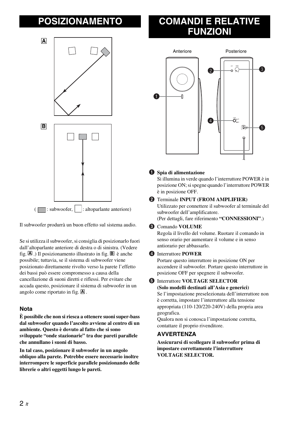 Posizionamento, Comandi e relative funzioni | Yamaha NS-SW210 User Manual | Page 38 / 68