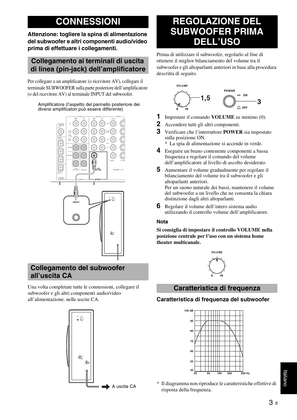 Connessioni, Collegamento del subwoofer all’uscita ca, Regolazione del subwoofer prima dell’uso | Caratteristica di frequenza | Yamaha NS-SW210 User Manual | Page 39 / 68