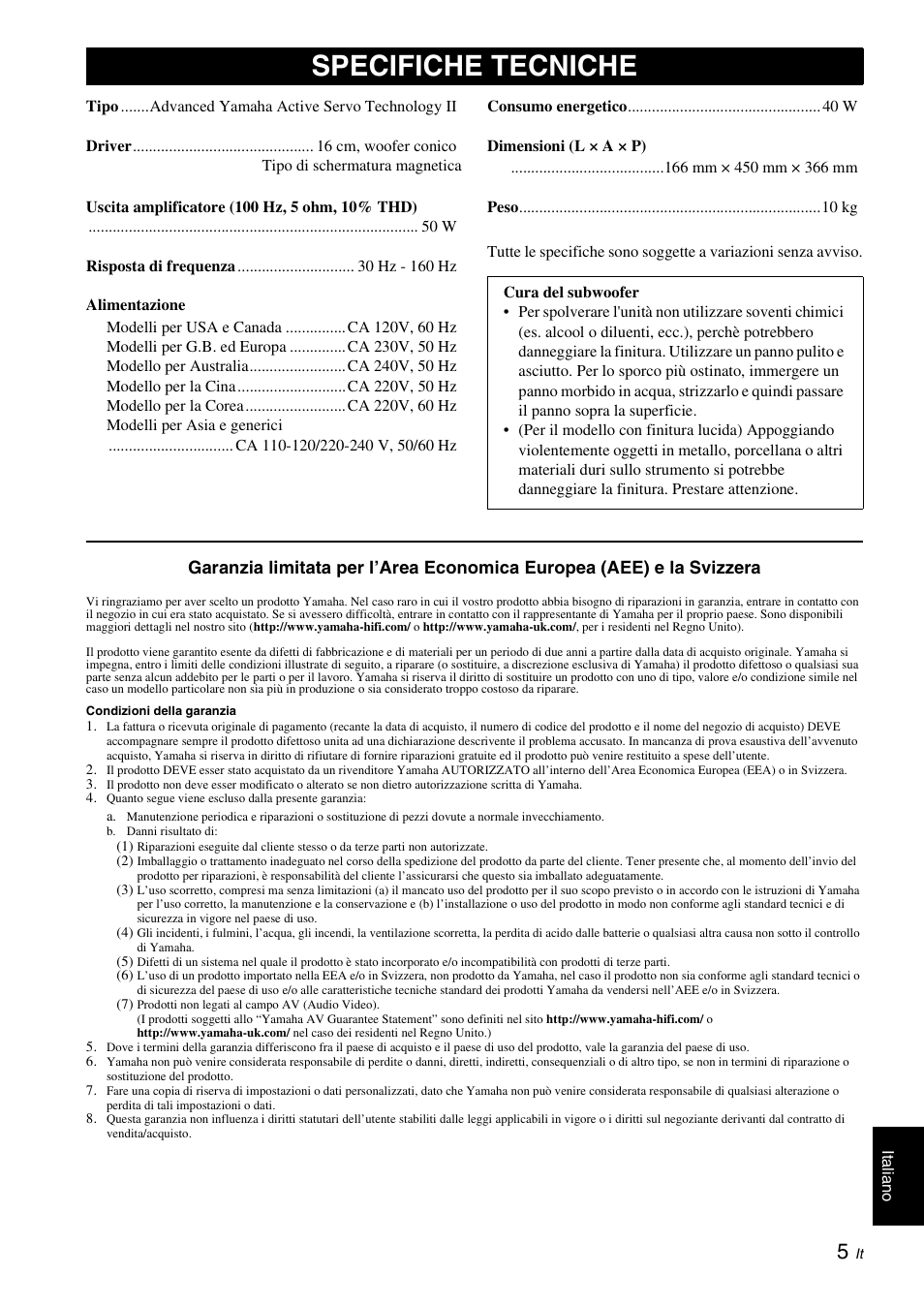 Specifiche tecniche | Yamaha NS-SW210 User Manual | Page 41 / 68