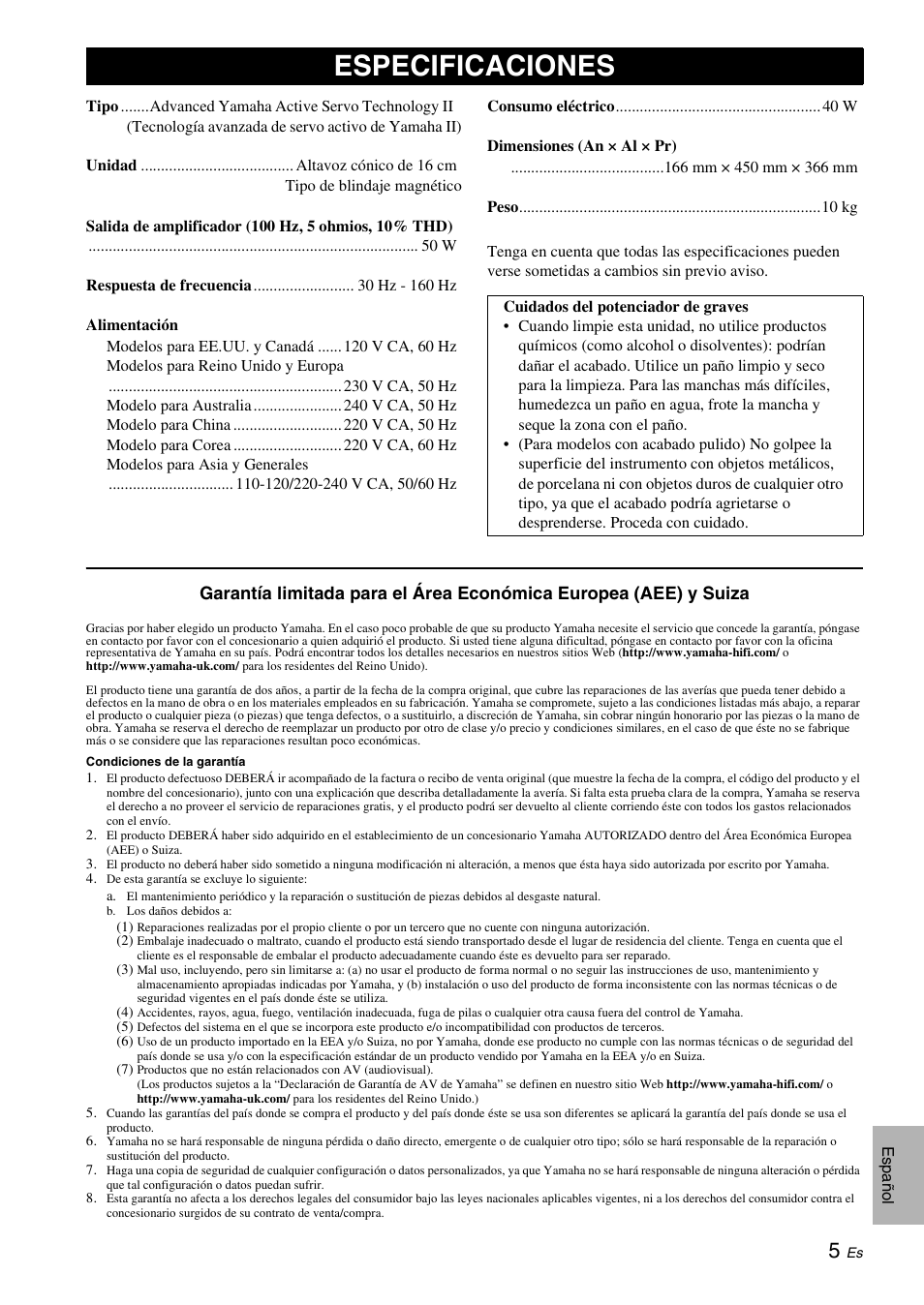 Especificaciones | Yamaha NS-SW210 User Manual | Page 49 / 68