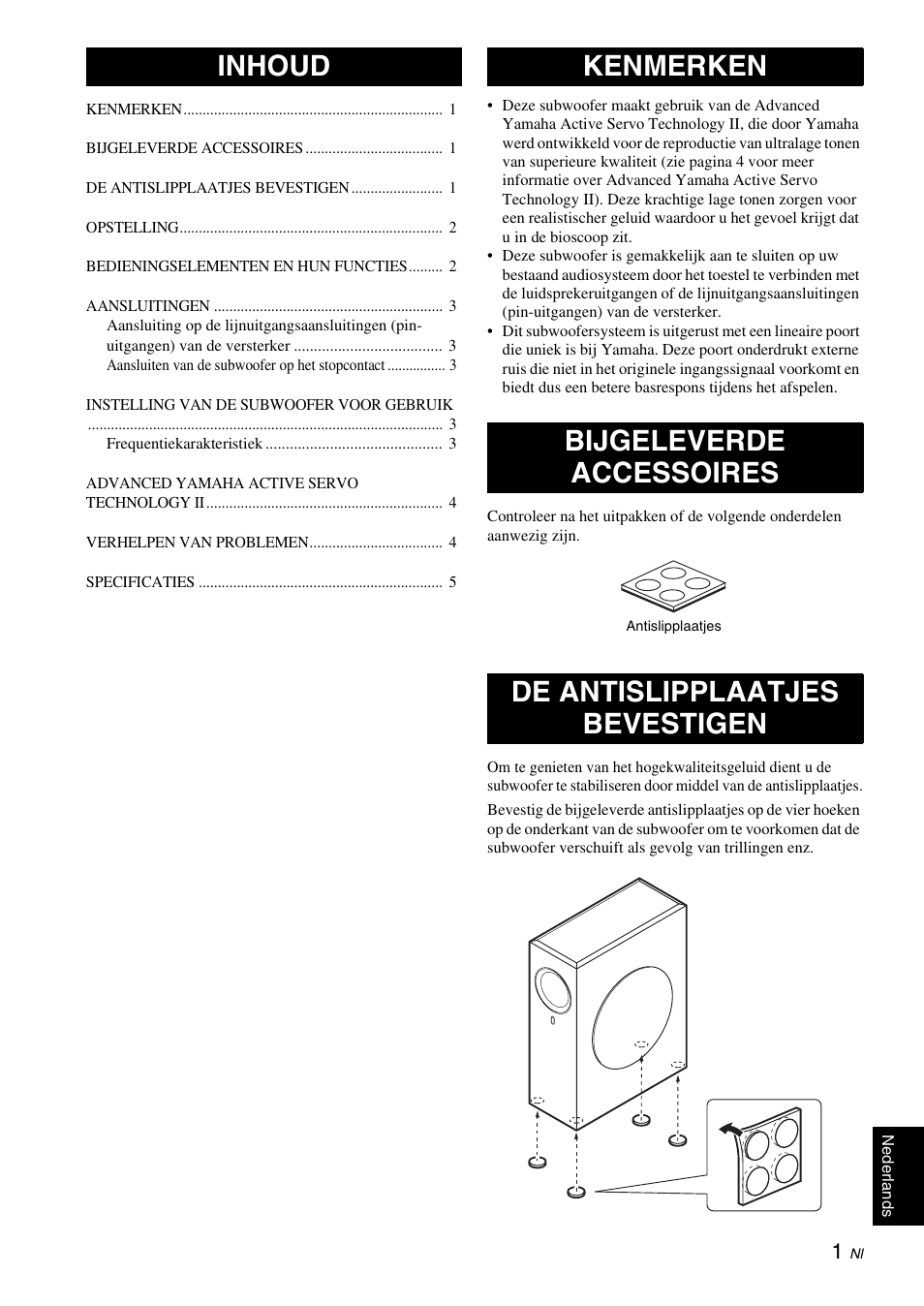 Inhoud, Kenmerken, Bijgeleverde accessoires | De antislipplaatjes bevestigen | Yamaha NS-SW210 User Manual | Page 53 / 68