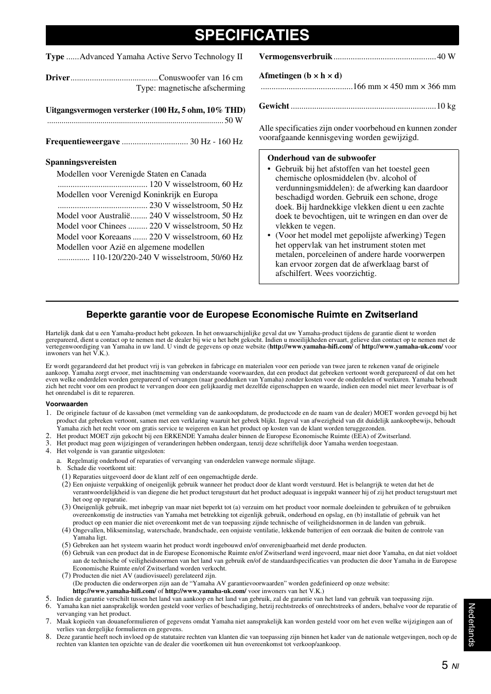 Specificaties | Yamaha NS-SW210 User Manual | Page 57 / 68