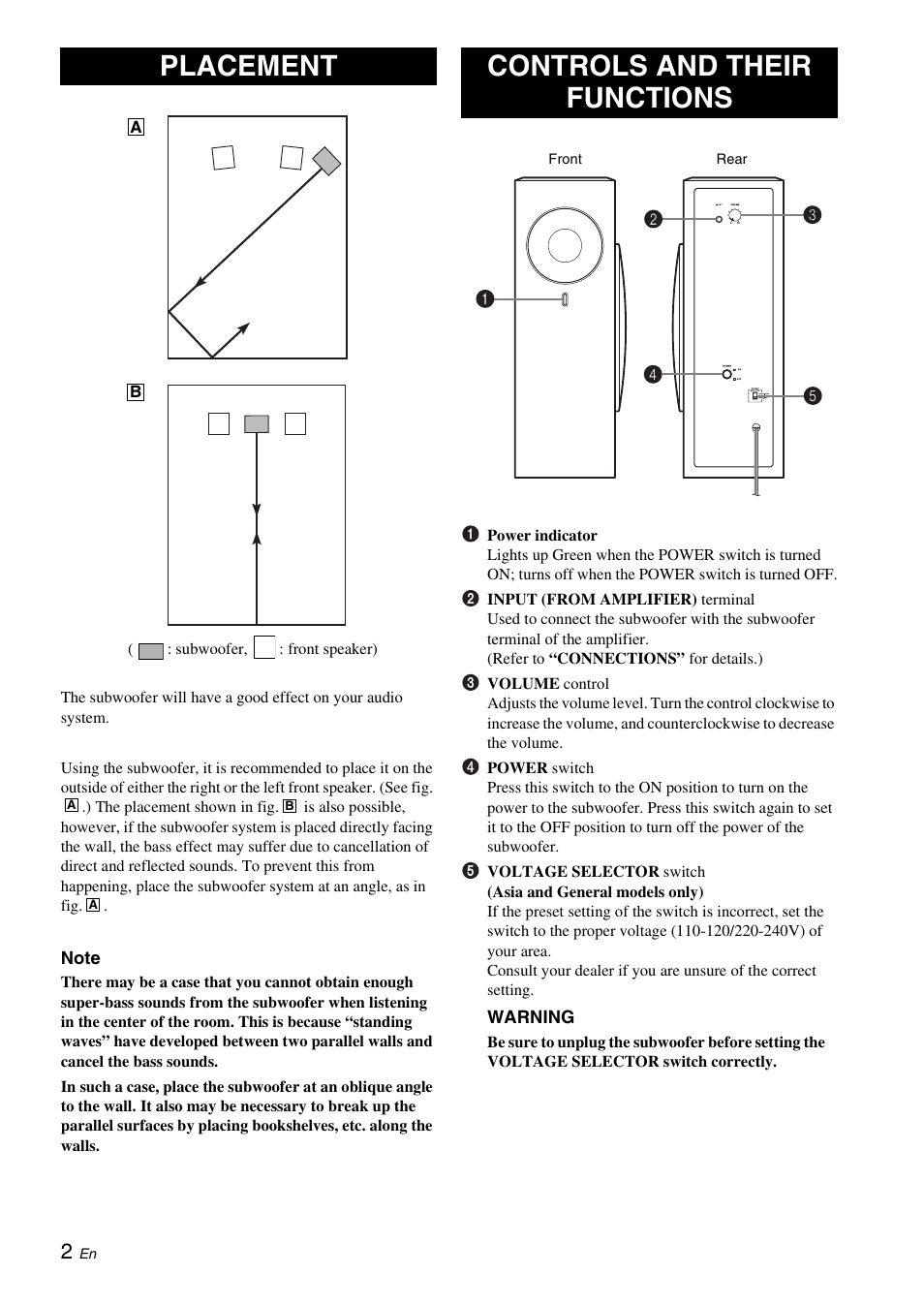 Placement, Controls and their functions | Yamaha NS-SW210 User Manual | Page 6 / 68