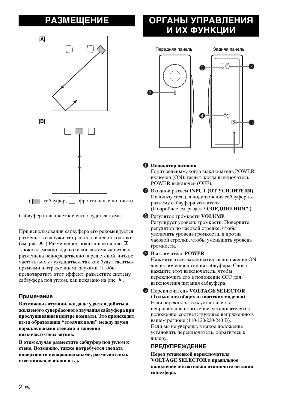 Размещение, Органы управления и их функции | Yamaha NS-SW210 User Manual | Page 62 / 68