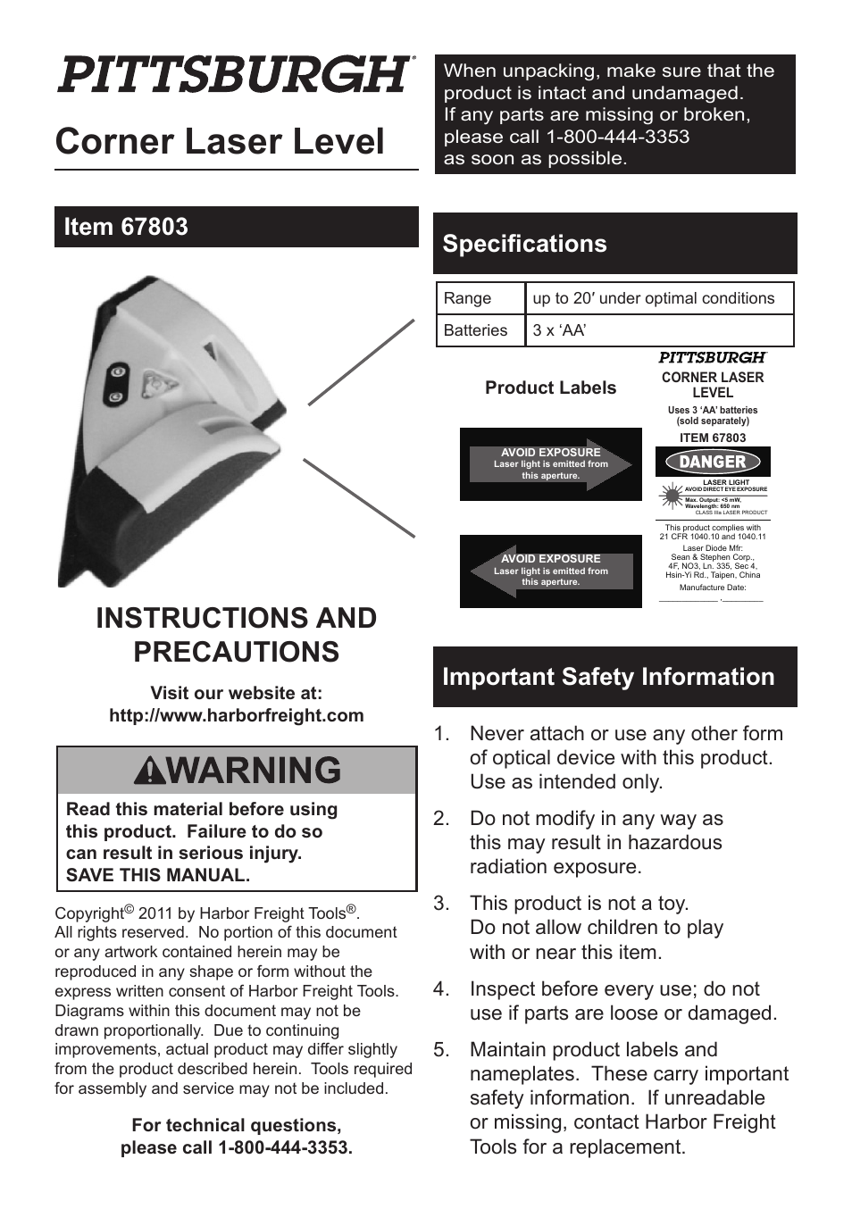 Harbor Freight Tools Pittsburgh Corner Laser level 67803 User Manual | 2 pages