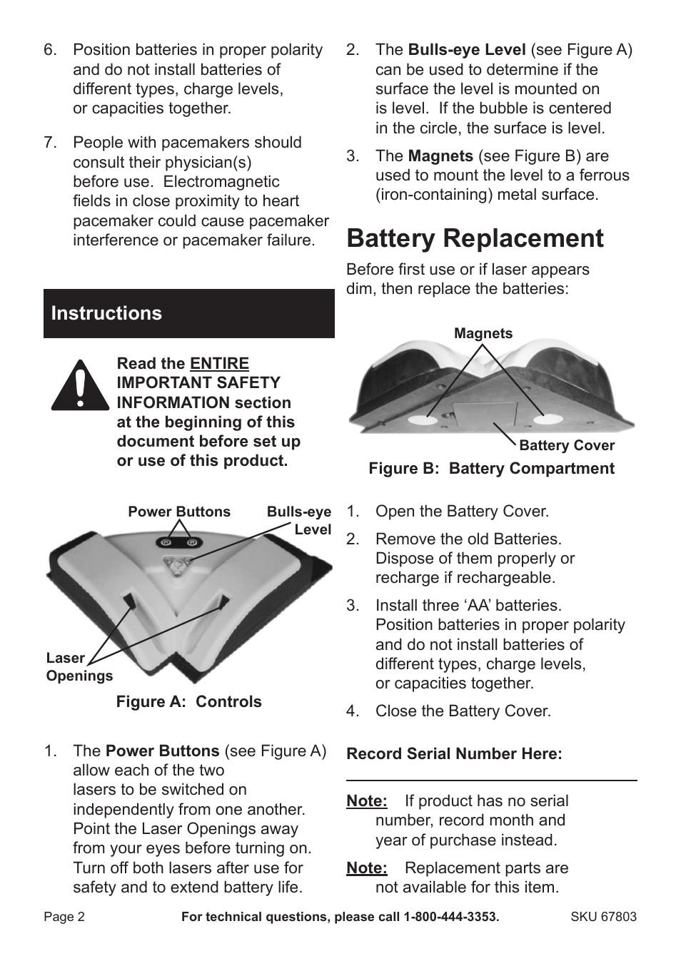 Battery replacement, Instructions | Harbor Freight Tools Pittsburgh Corner Laser level 67803 User Manual | Page 2 / 2