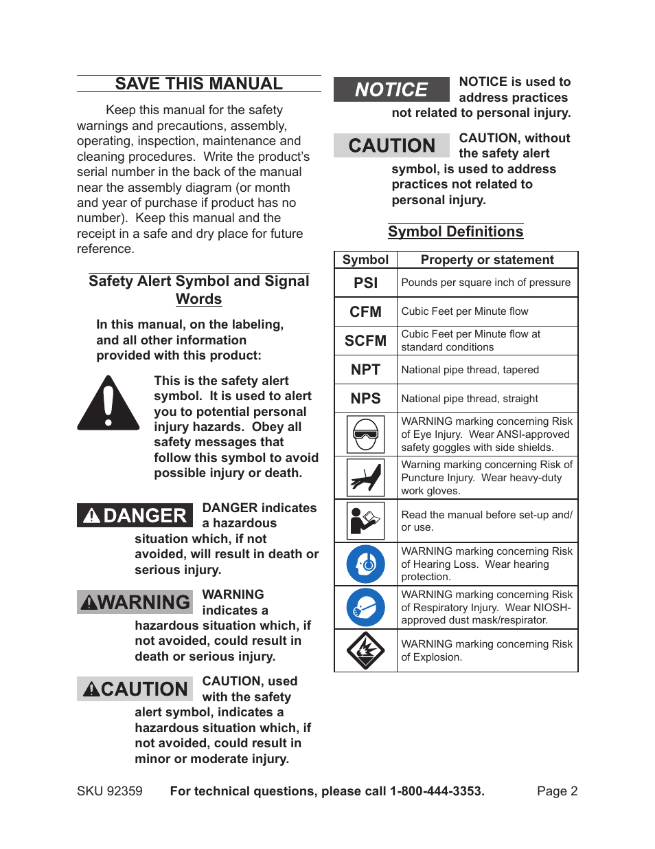 Save this manual | Harbor Freight Tools CONTRACTOR 92359 User Manual | Page 2 / 18