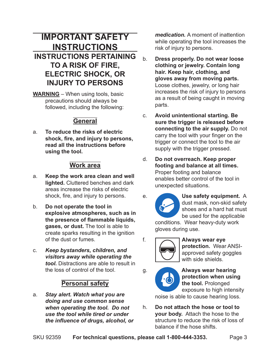 Important safety instructions | Harbor Freight Tools CONTRACTOR 92359 User Manual | Page 3 / 18