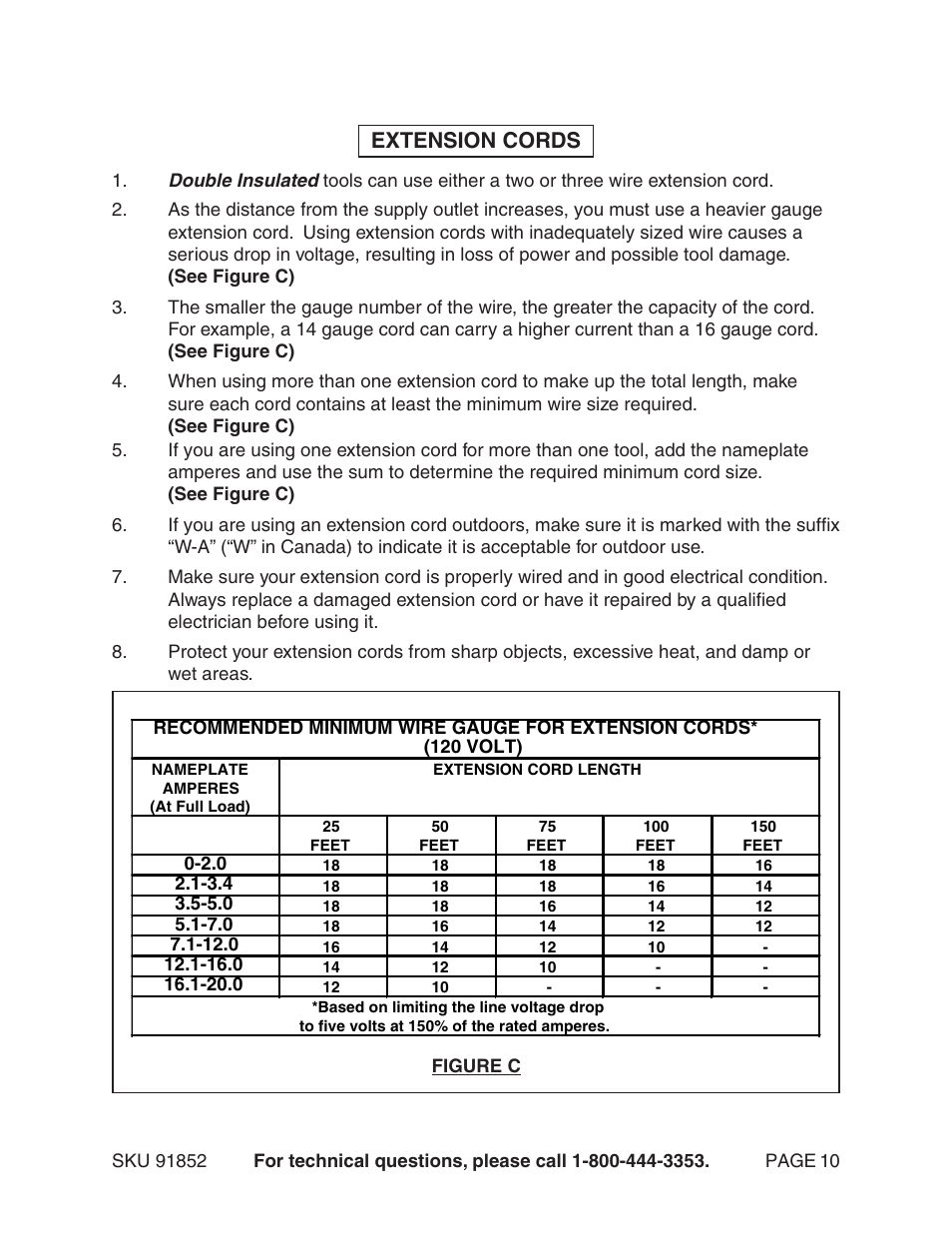 Extension cords | Harbor Freight Tools 91852 User Manual | Page 10 / 26