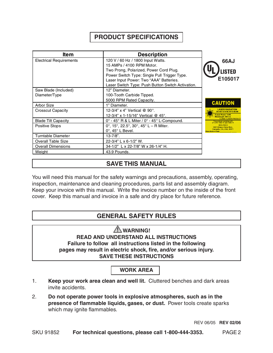 Product specifications save this manual, General safety rules | Harbor Freight Tools 91852 User Manual | Page 2 / 26