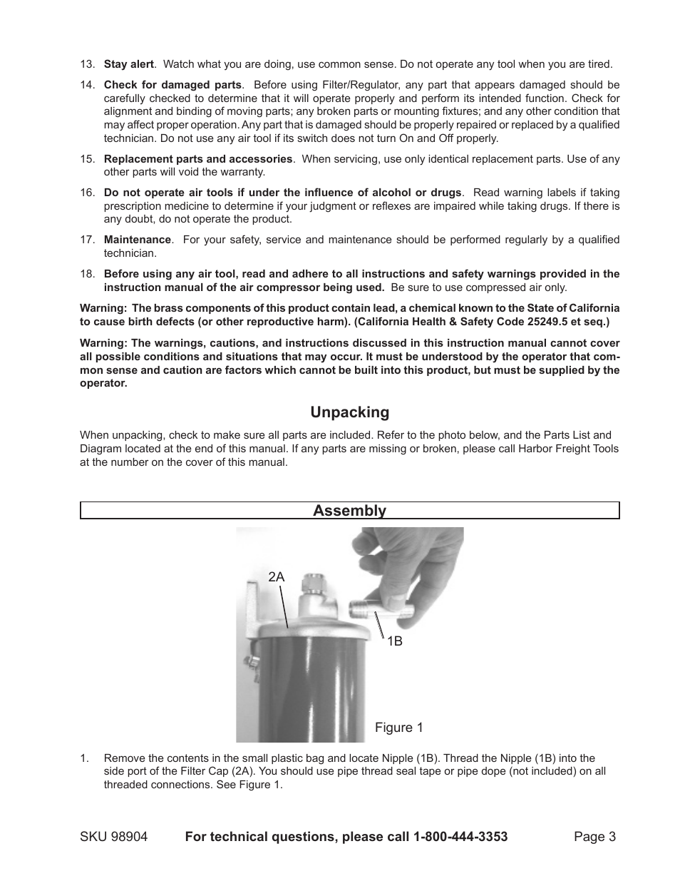 Assembly, Unpacking | Harbor Freight Tools 98904 User Manual | Page 3 / 8