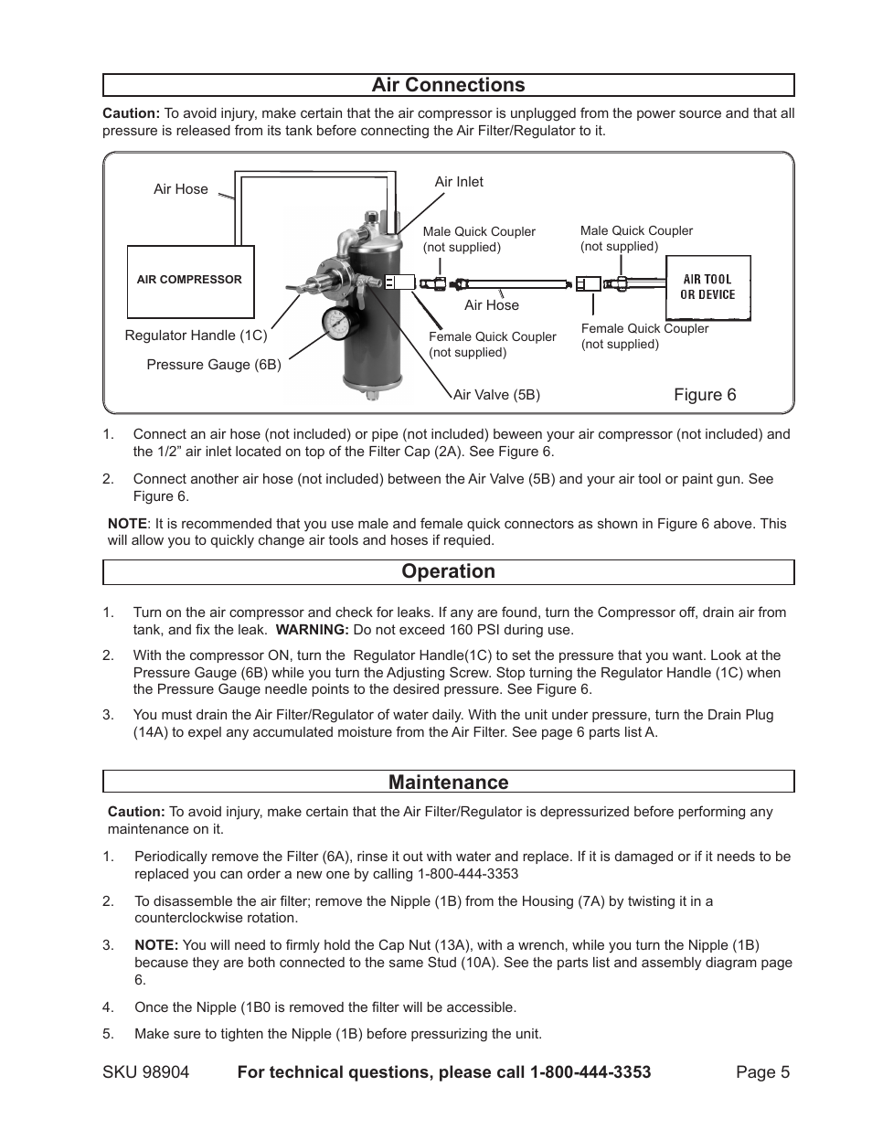 Air connections, Operation, Maintenance | Harbor Freight Tools 98904 User Manual | Page 5 / 8