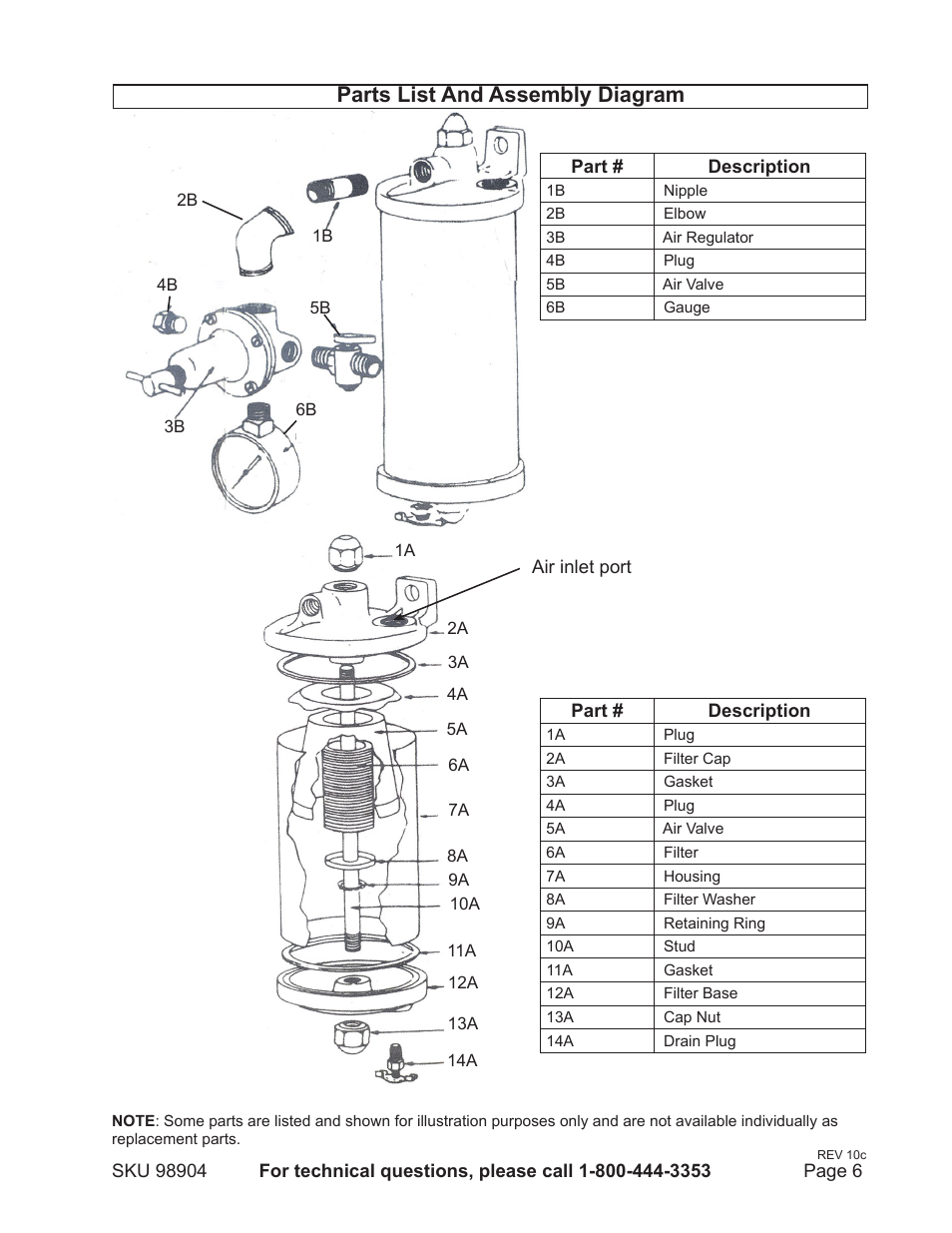 Parts list and assembly diagram | Harbor Freight Tools 98904 User Manual | Page 6 / 8