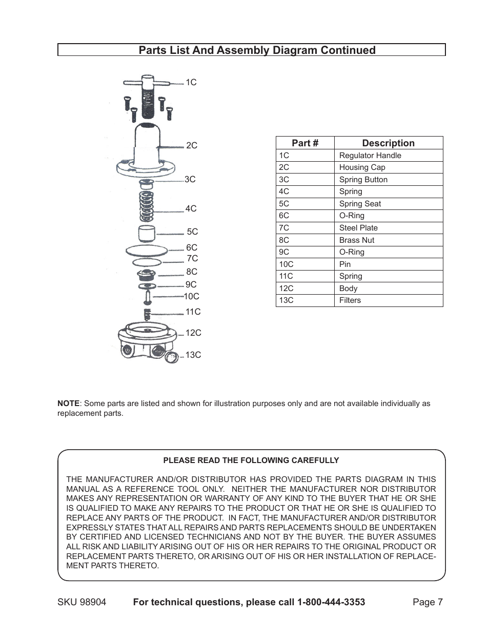 Parts list and assembly diagram continued | Harbor Freight Tools 98904 User Manual | Page 7 / 8