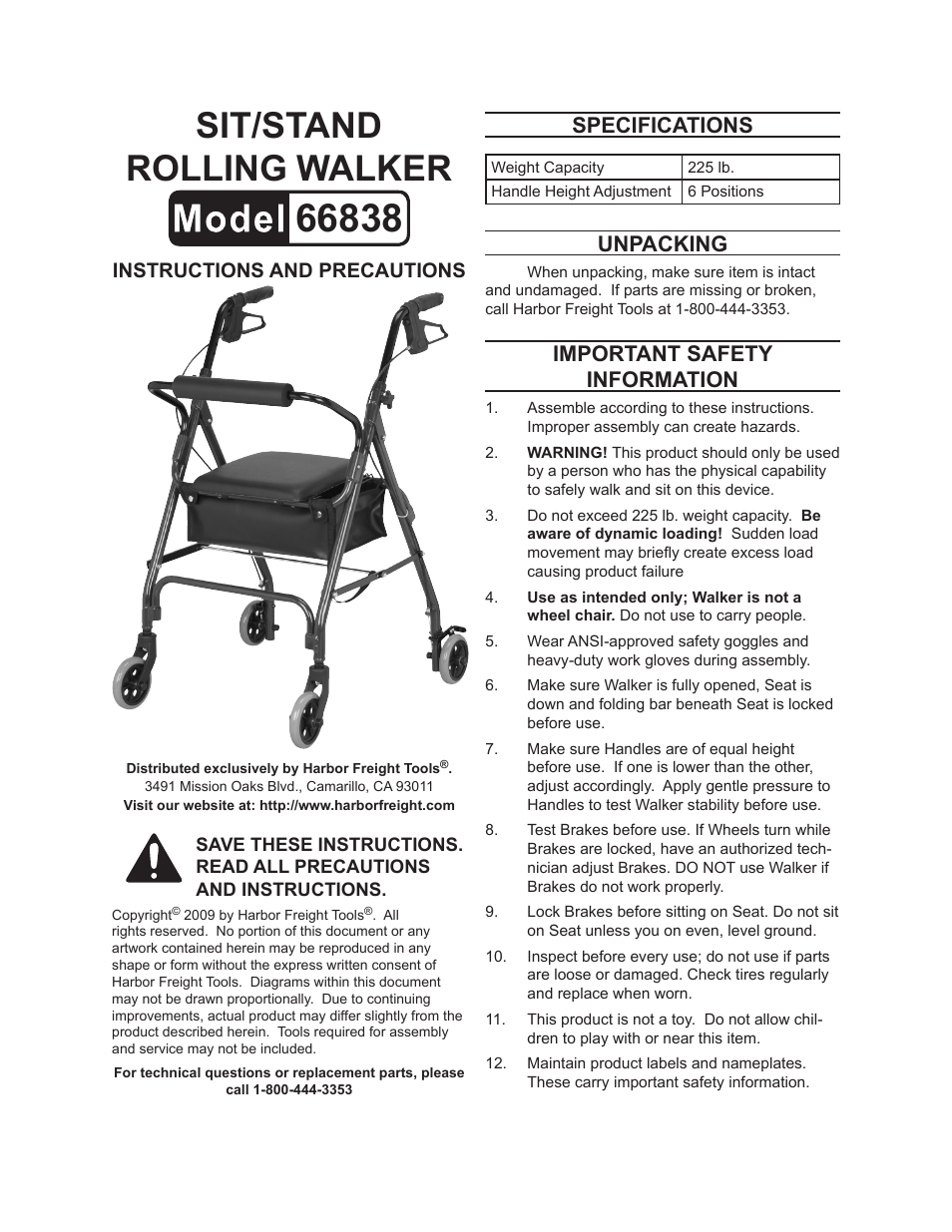 Harbor Freight Tools 66838 User Manual | 4 pages