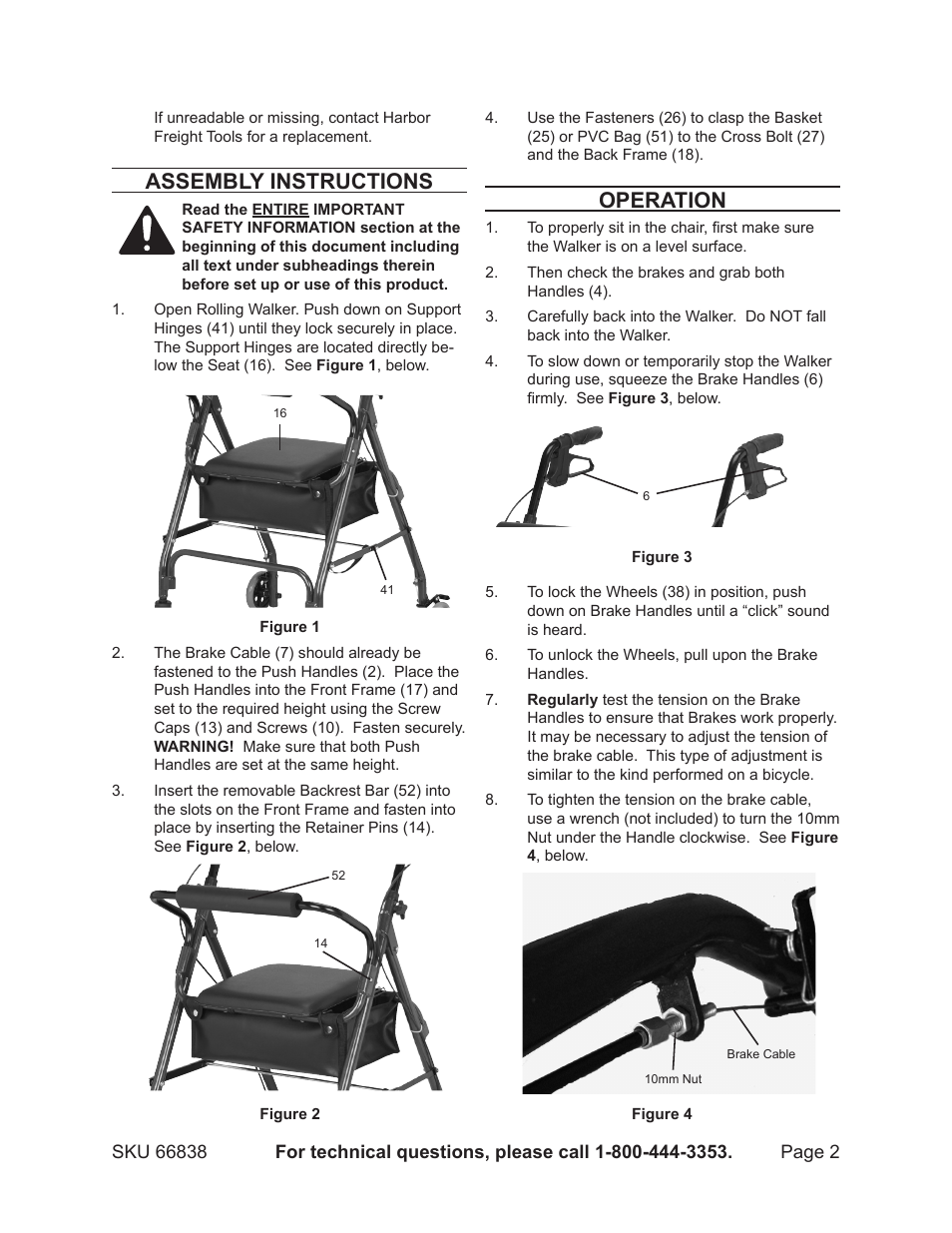 Assembly instructions, Operation | Harbor Freight Tools 66838 User Manual | Page 2 / 4