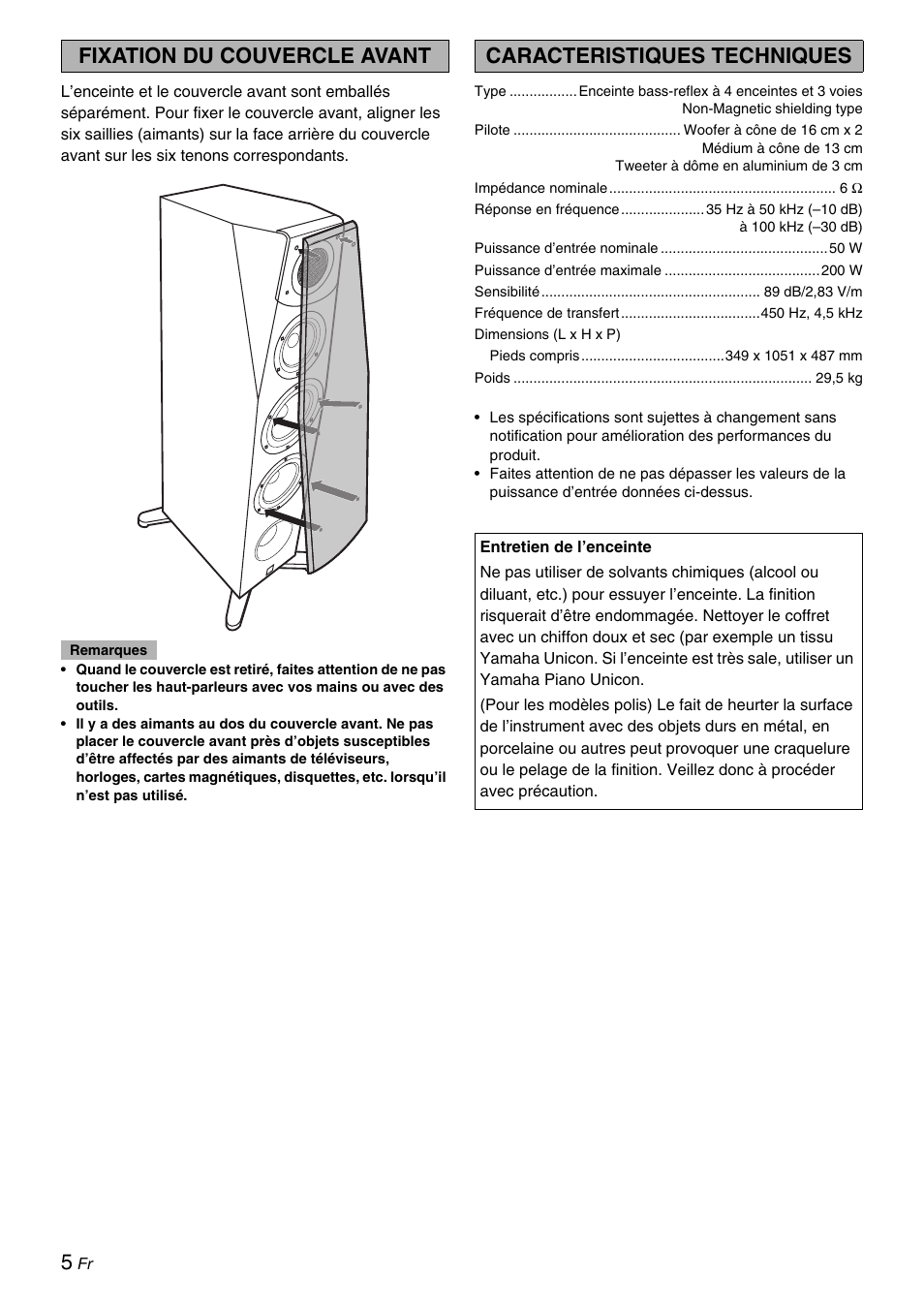 Fixation du couvercle avant, Caracteristiques techniques | Yamaha Soavo-1 User Manual | Page 12 / 36