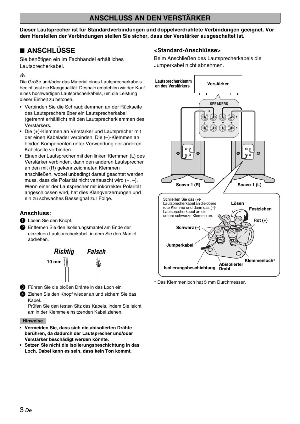 Anschluss an den verstärker, Anschlüsse, Richtig falsch | Yamaha Soavo-1 User Manual | Page 16 / 36