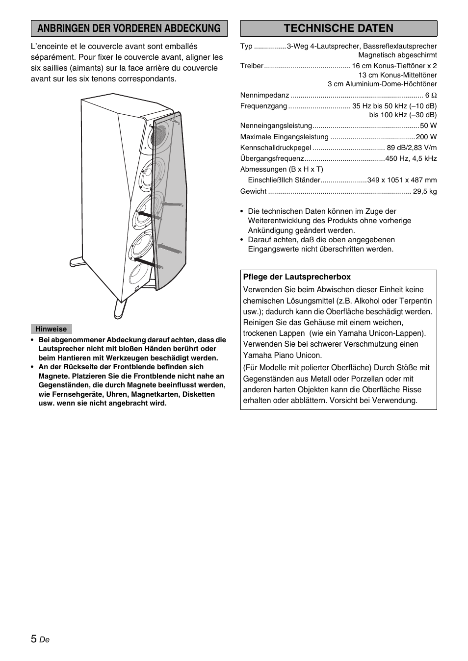 Anbringen der vorderen abdeckung, Technische daten | Yamaha Soavo-1 User Manual | Page 18 / 36