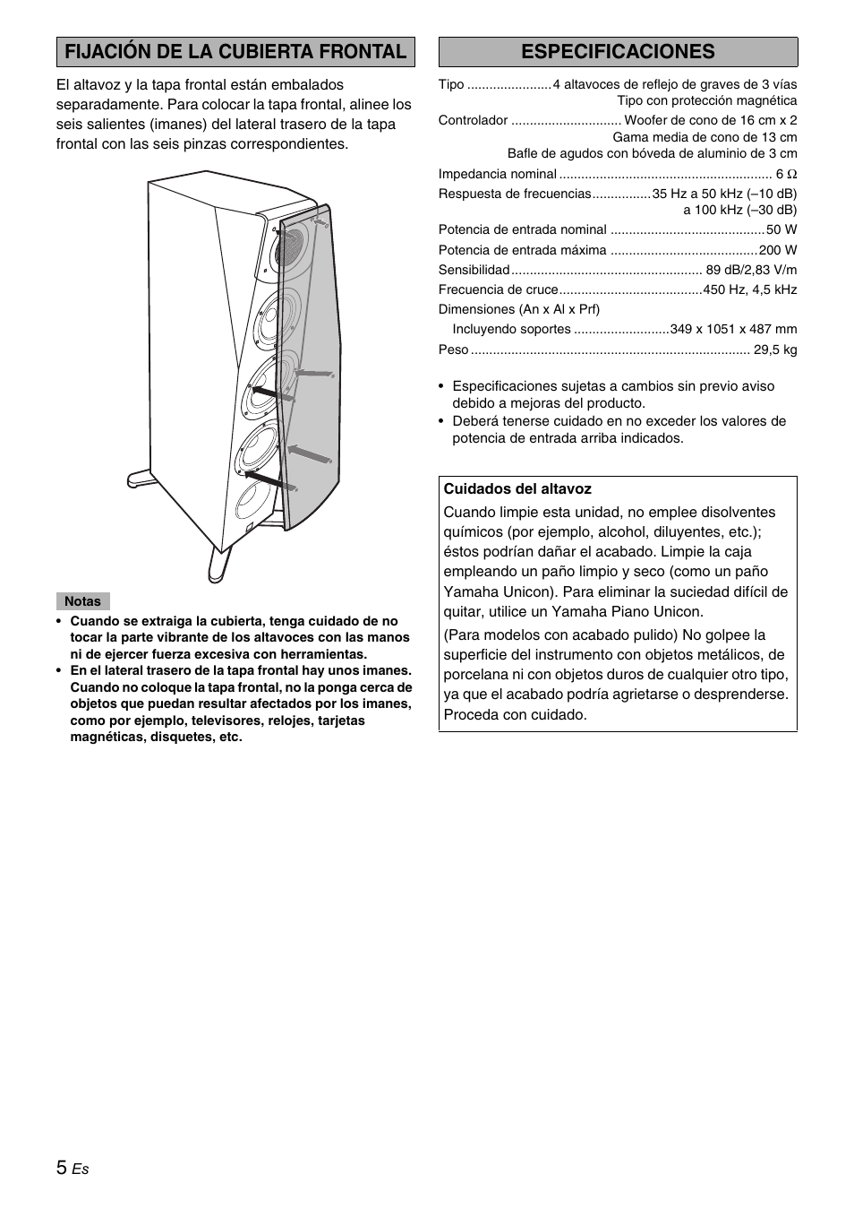 Fijación de la cubierta frontal, Especificaciones | Yamaha Soavo-1 User Manual | Page 24 / 36