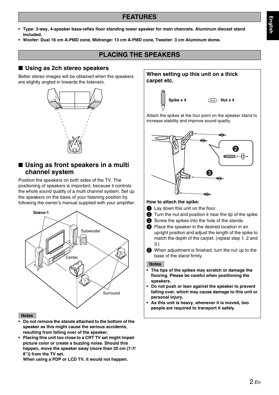 Features, Placing the speakers, Using as 2ch stereo speakers | Using as front speakers in a multi channel system, Features placing the speakers | Yamaha Soavo-1 User Manual | Page 3 / 36